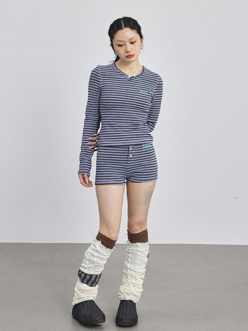 Achihara Striped V-neck Cropped Women'S Polyester Cotton Blend Long Sleeve T-Shirts