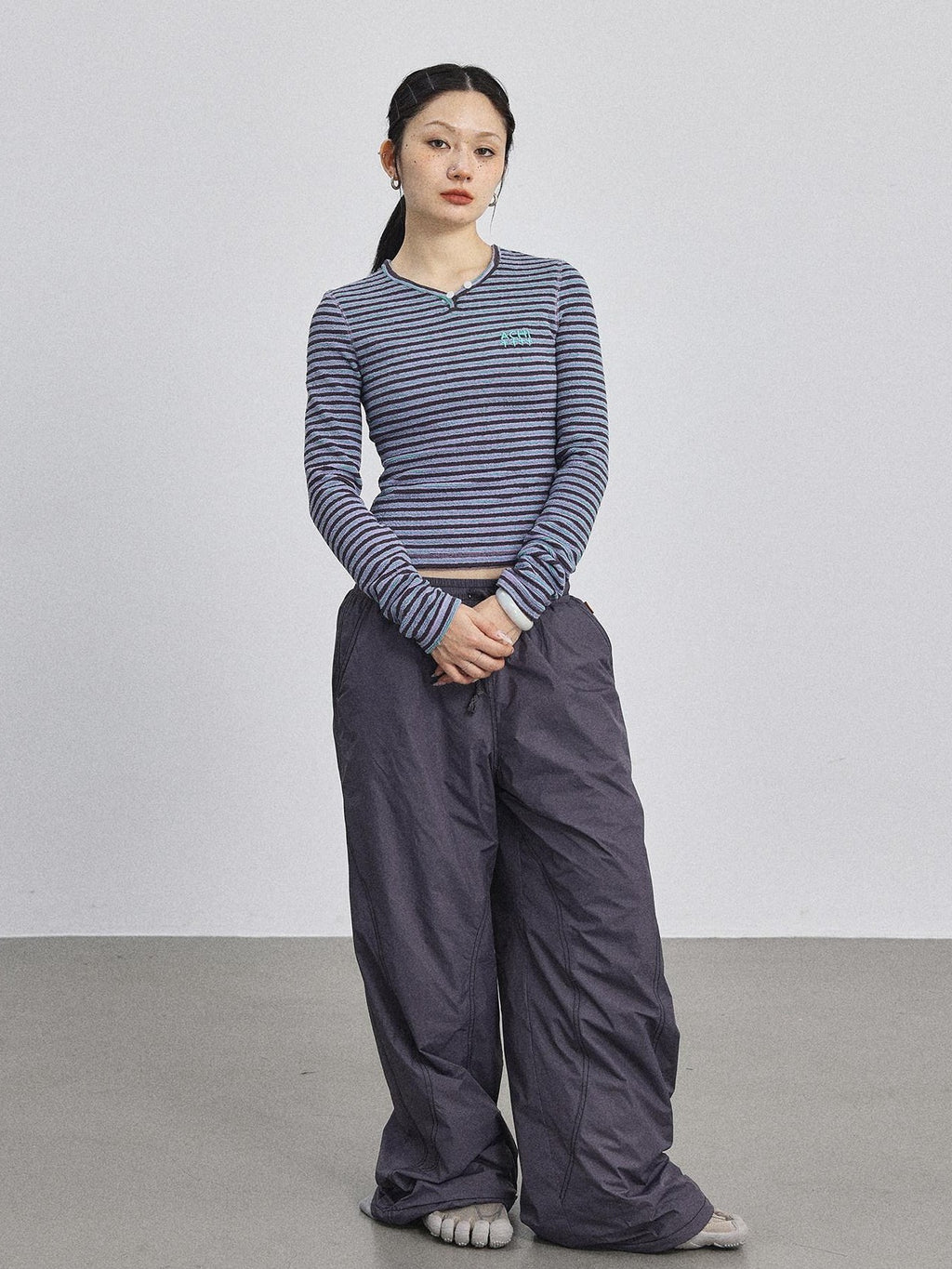 Achihara Striped V-neck Cropped Women'S Polyester Cotton Blend Long Sleeve T-Shirts