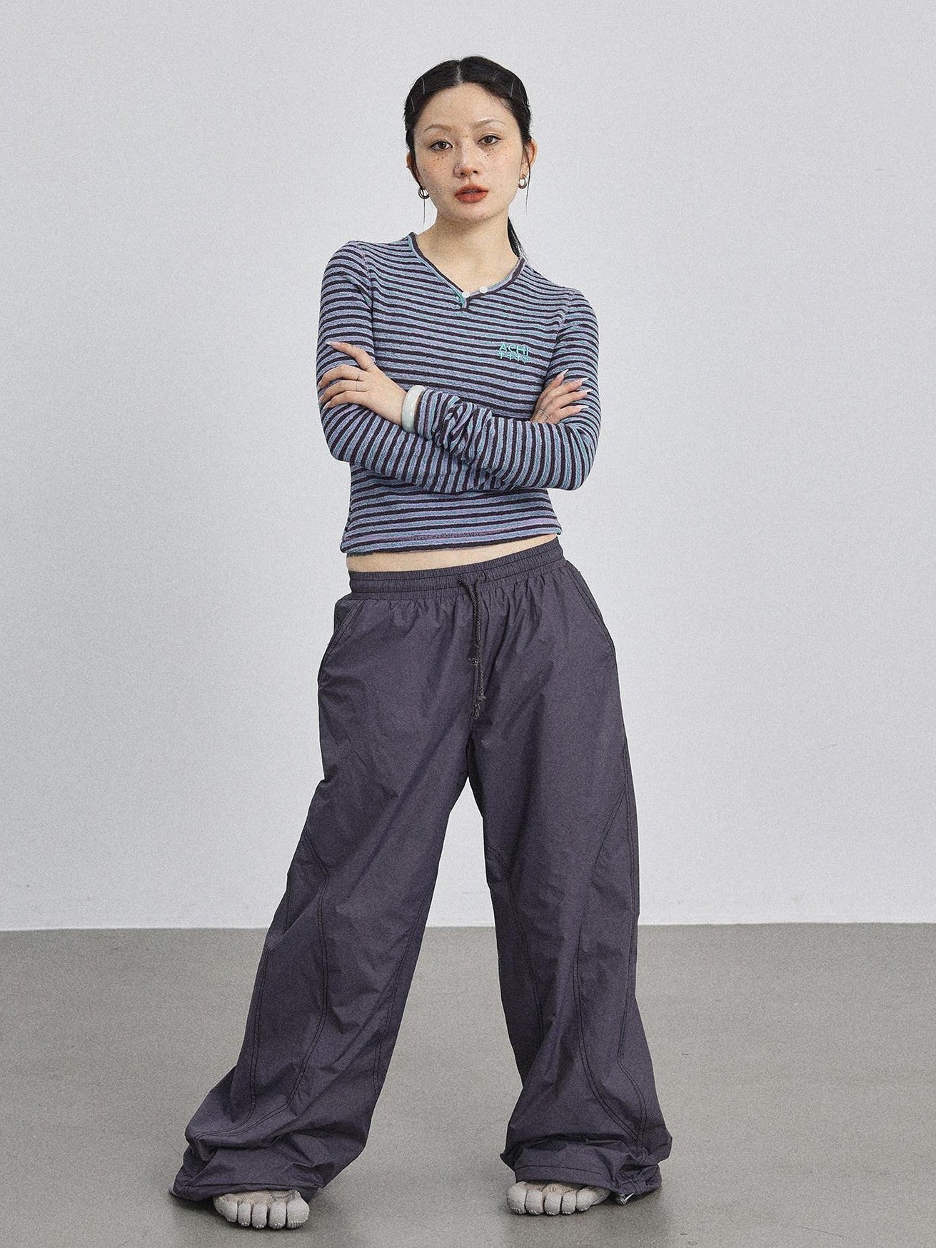 Achihara Striped V-neck Cropped Women'S Polyester Cotton Blend Long Sleeve T-Shirts
