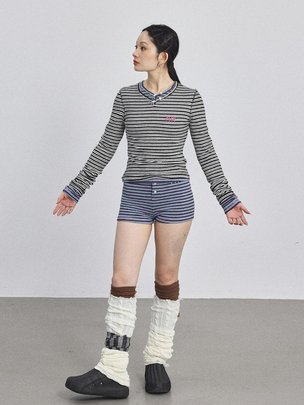 Achihara Striped V-neck Cropped Women'S Polyester Cotton Blend Long Sleeve T-Shirts