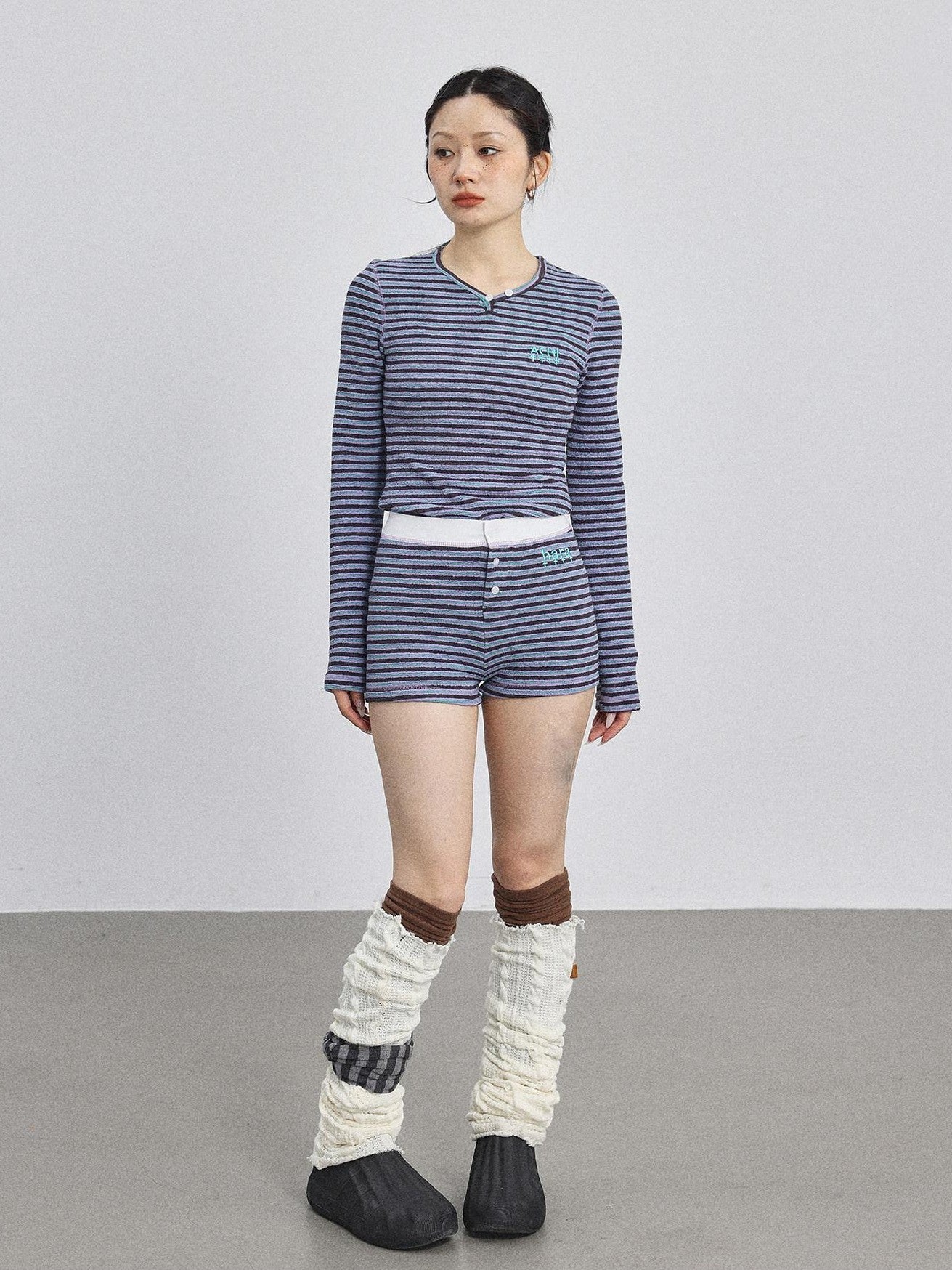 Achihara Striped V-neck Cropped Women'S Polyester Cotton Blend Long Sleeve T-Shirts