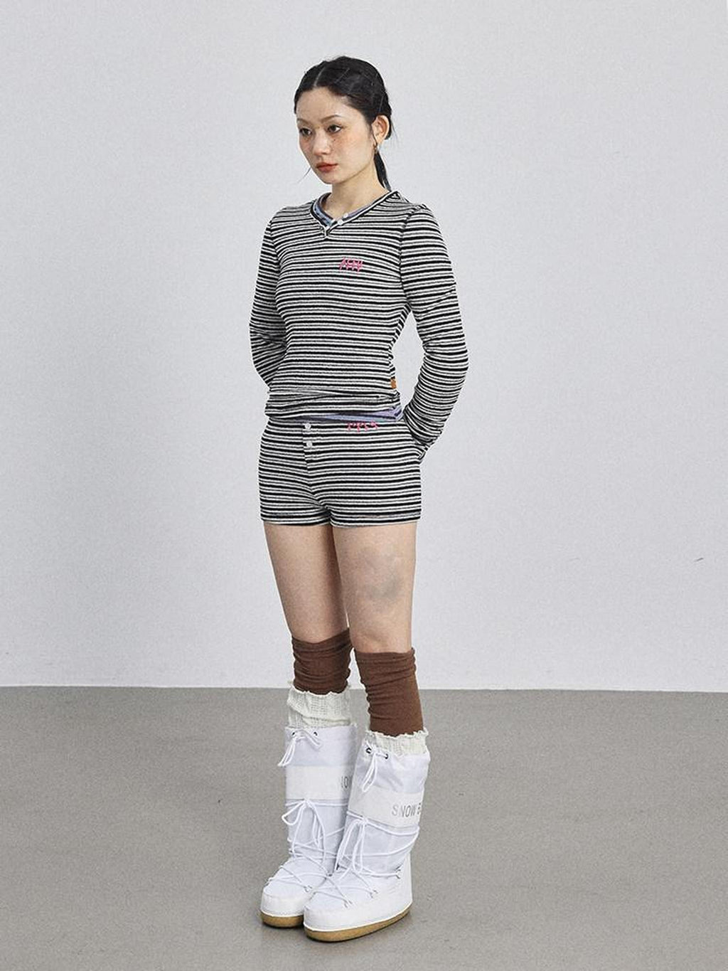 Achihara Striped V-neck Cropped Women'S Polyester Cotton Blend Long Sleeve T-Shirts