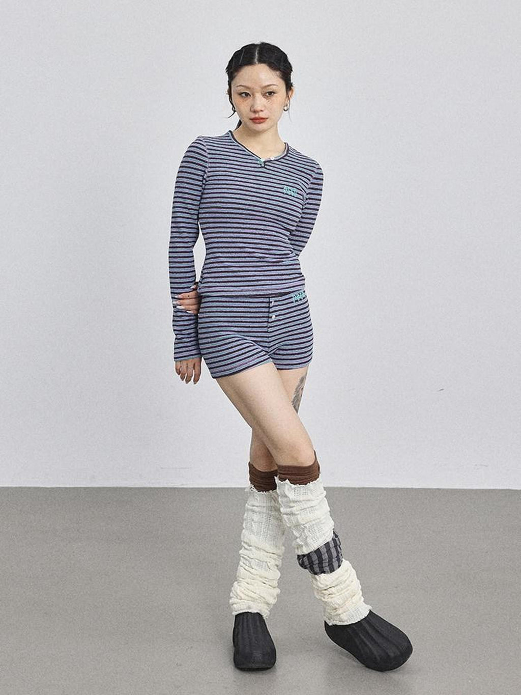 Achihara Striped V-neck Cropped Women'S Polyester Cotton Blend Long Sleeve T-Shirts