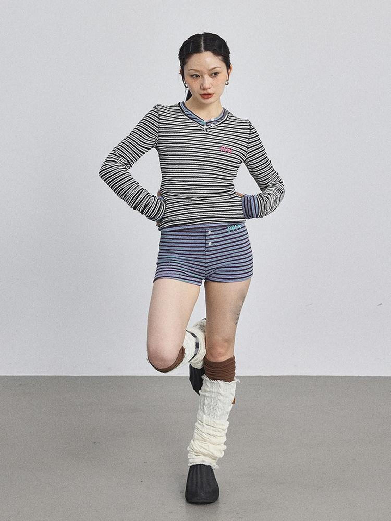 Achihara Striped V-neck Cropped Women'S Polyester Cotton Blend Long Sleeve T-Shirts
