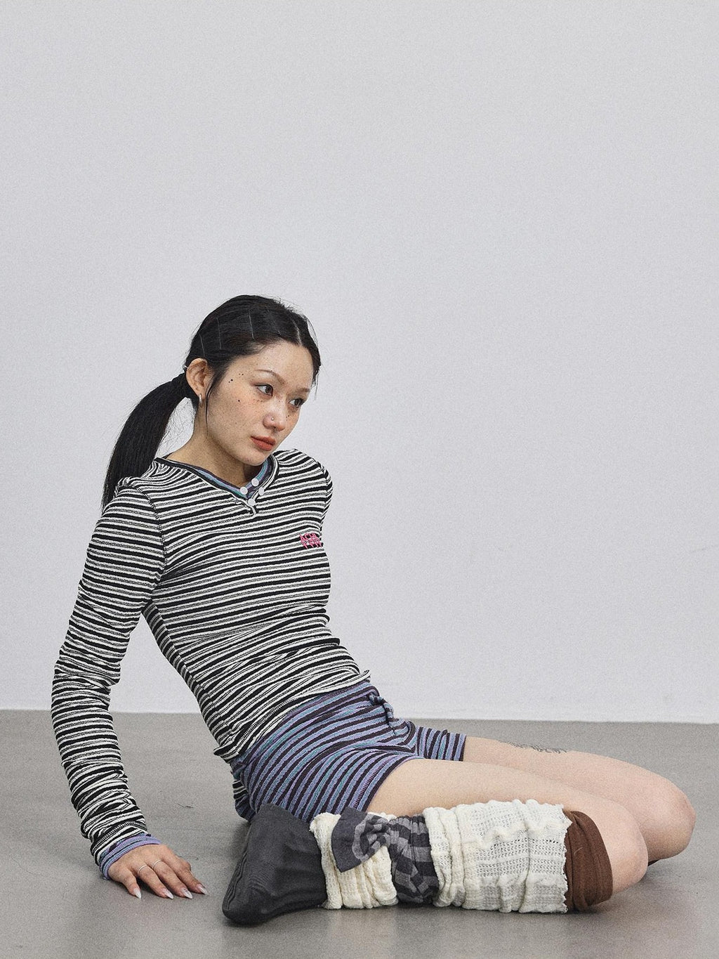 Achihara Striped V-neck Cropped Women'S Polyester Cotton Blend Long Sleeve T-Shirts