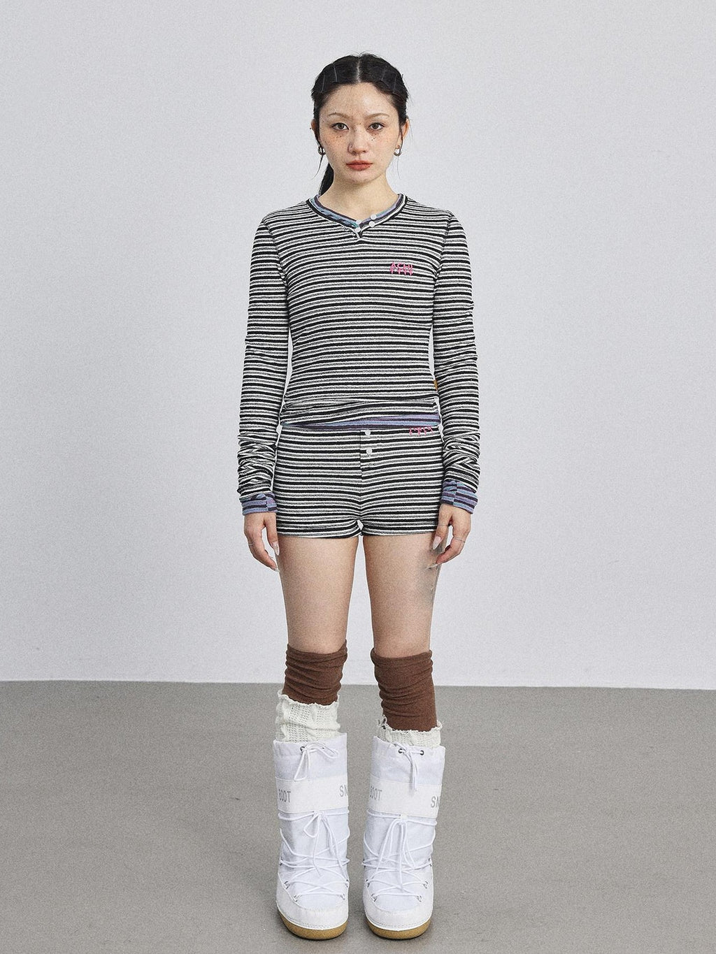 Achihara Striped V-neck Cropped Women'S Polyester Cotton Blend Long Sleeve T-Shirts
