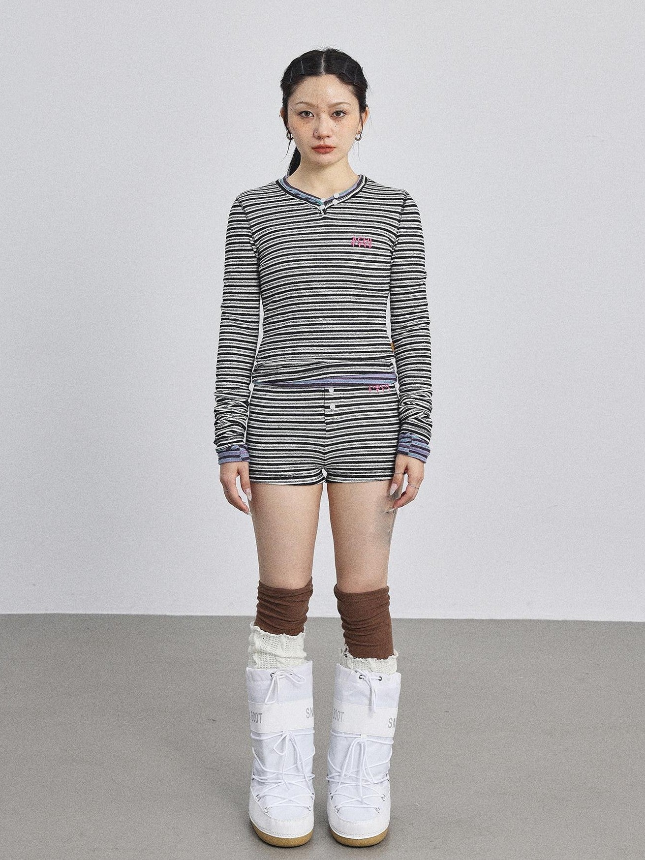 Achihara Striped V-neck Cropped Women'S Polyester Cotton Blend Long Sleeve T-Shirts