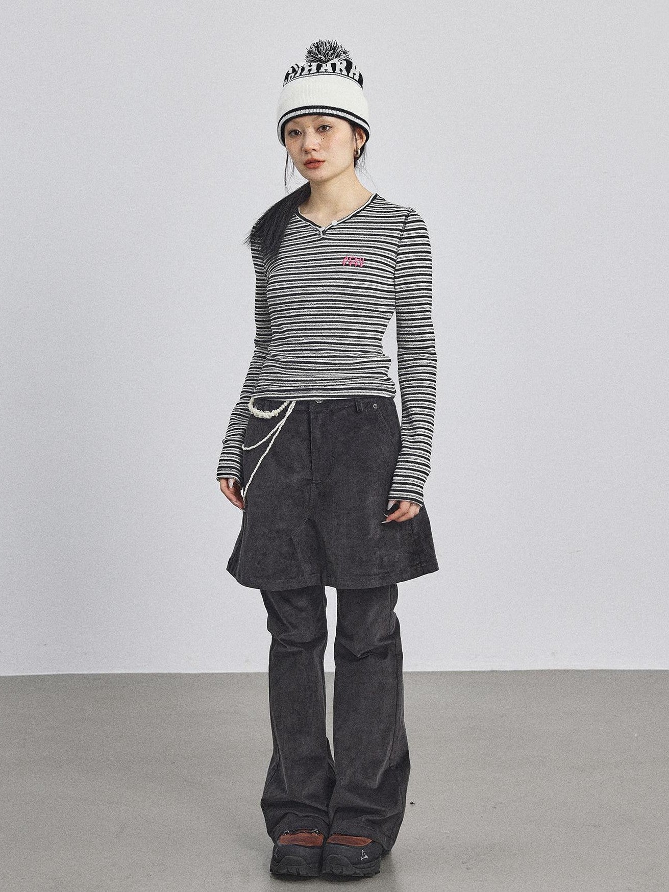 Achihara Striped V-neck Cropped Women'S Polyester Cotton Blend Long Sleeve T-Shirts