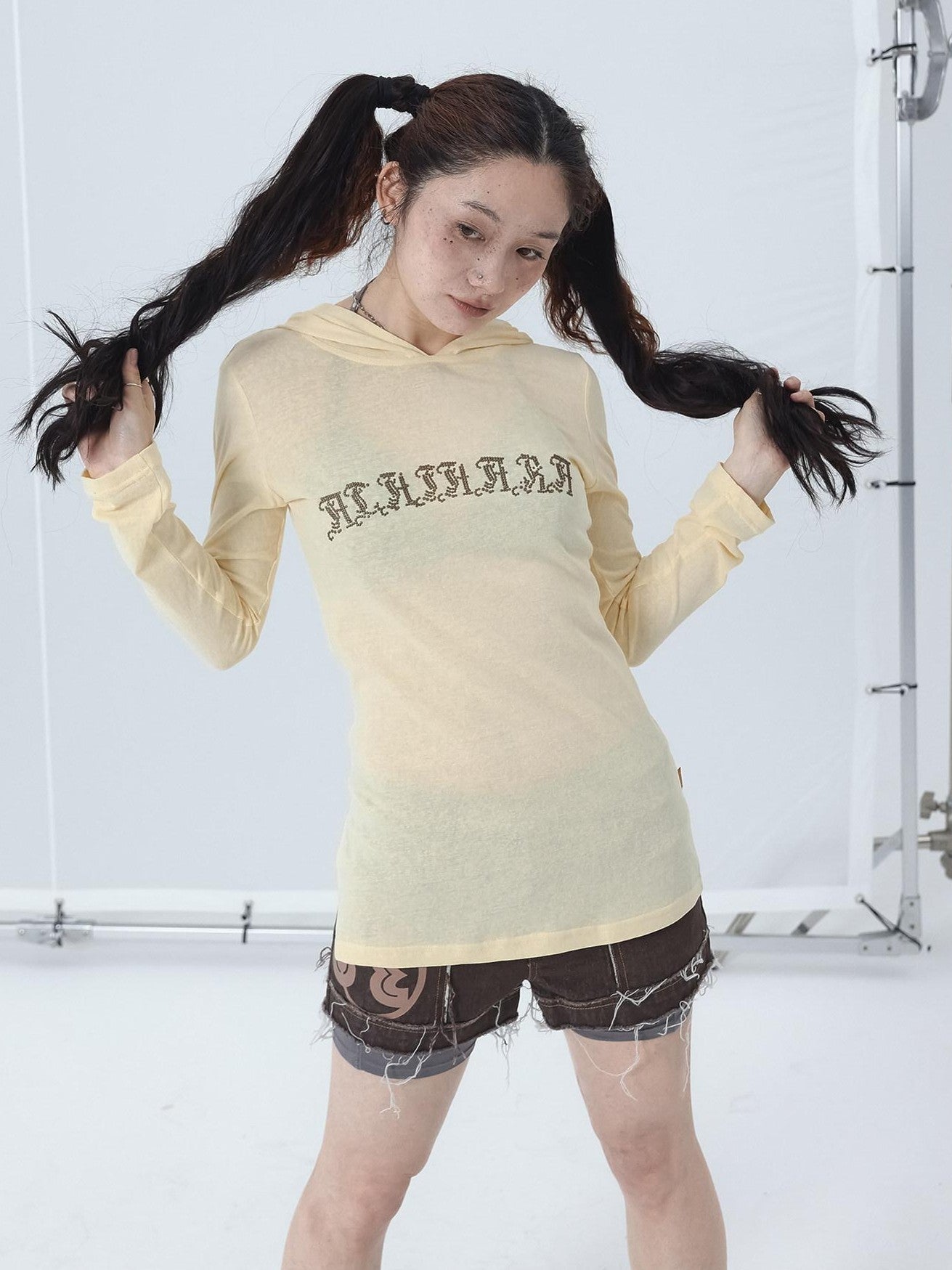 Achihara Studded Rhinestone Hooded Side Slit Women'S Slim Lightweight Long Sleeve T-Shirts