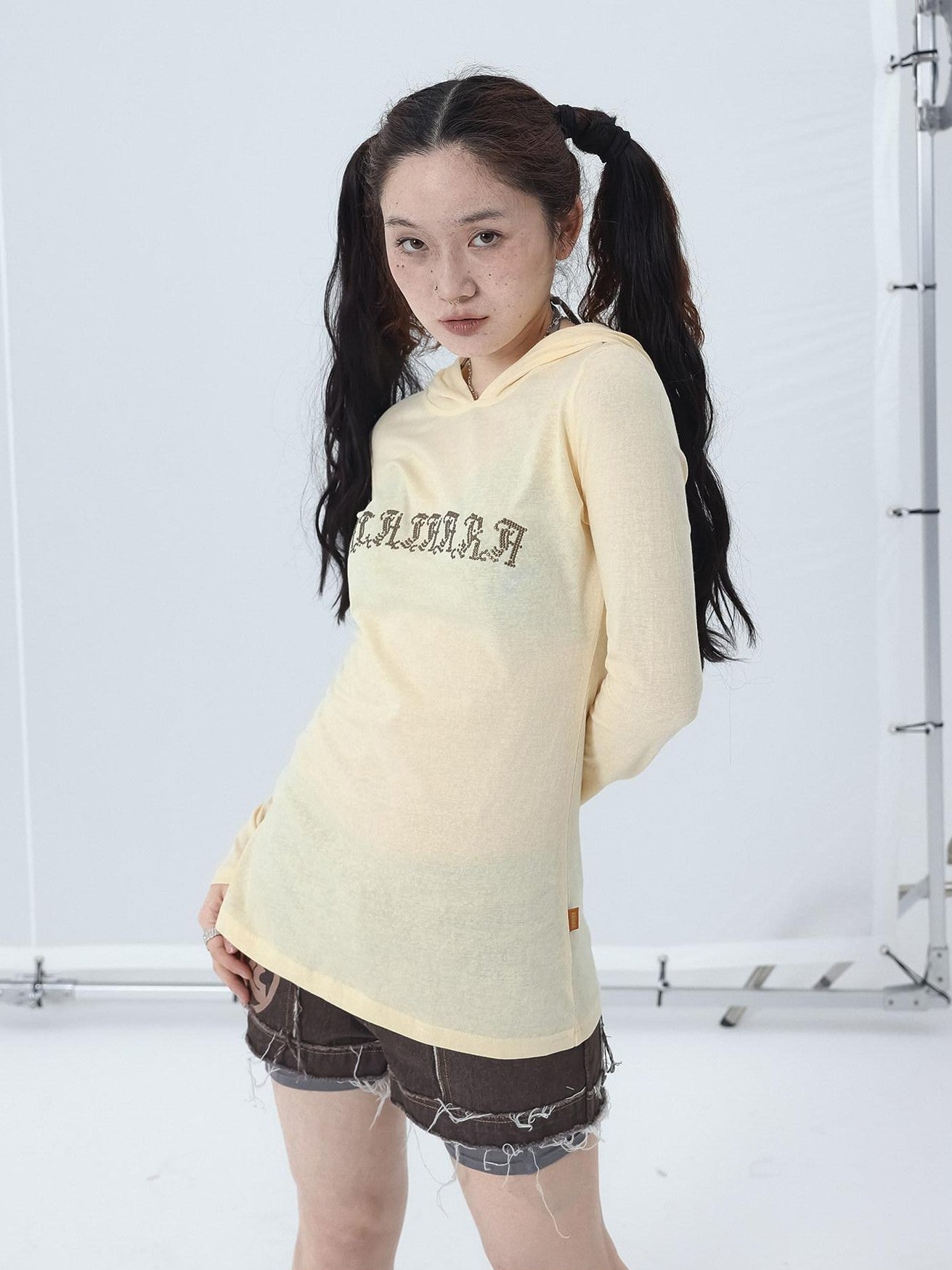 Achihara Studded Rhinestone Hooded Side Slit Women'S Slim Lightweight Long Sleeve T-Shirts
