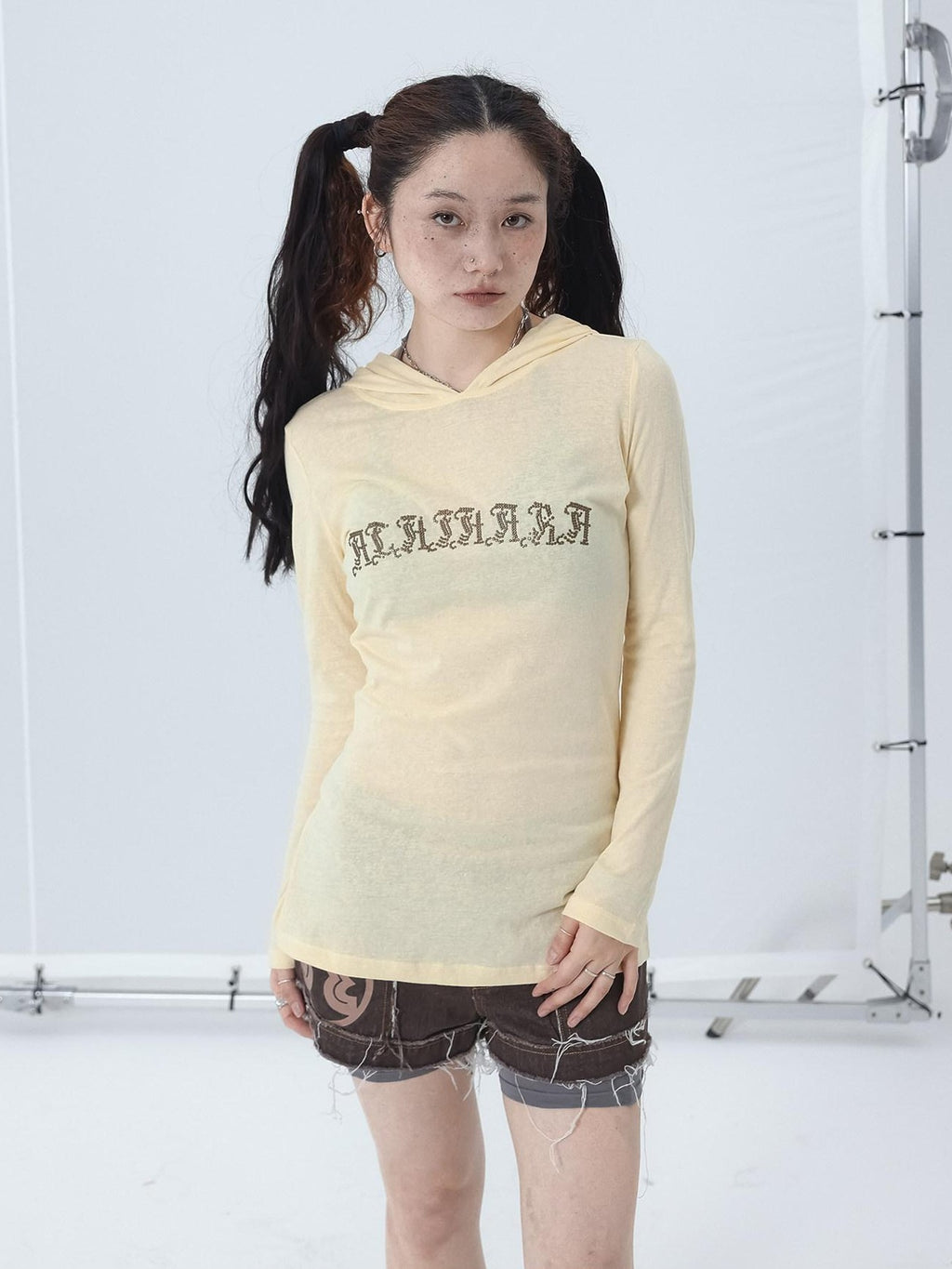 Achihara Studded Rhinestone Hooded Side Slit Women'S Slim Lightweight Long Sleeve T-Shirts