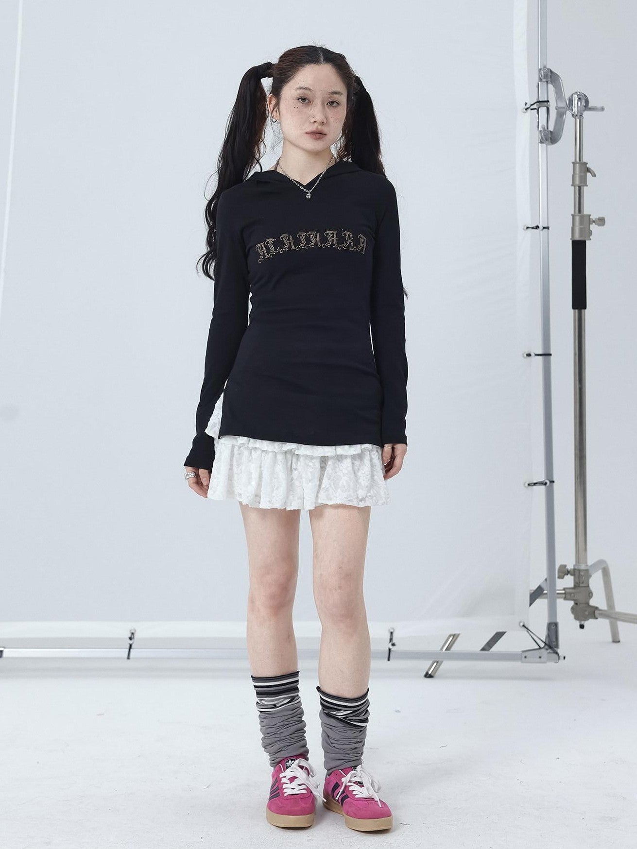 Achihara Studded Rhinestone Hooded Side Slit Women'S Slim Lightweight Long Sleeve T-Shirts