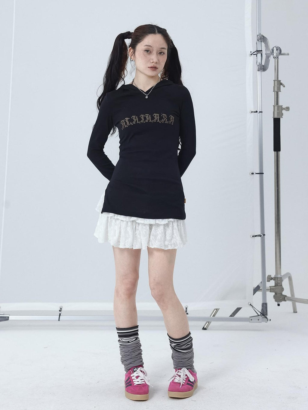 Achihara Studded Rhinestone Hooded Side Slit Women'S Slim Lightweight Long Sleeve T-Shirts