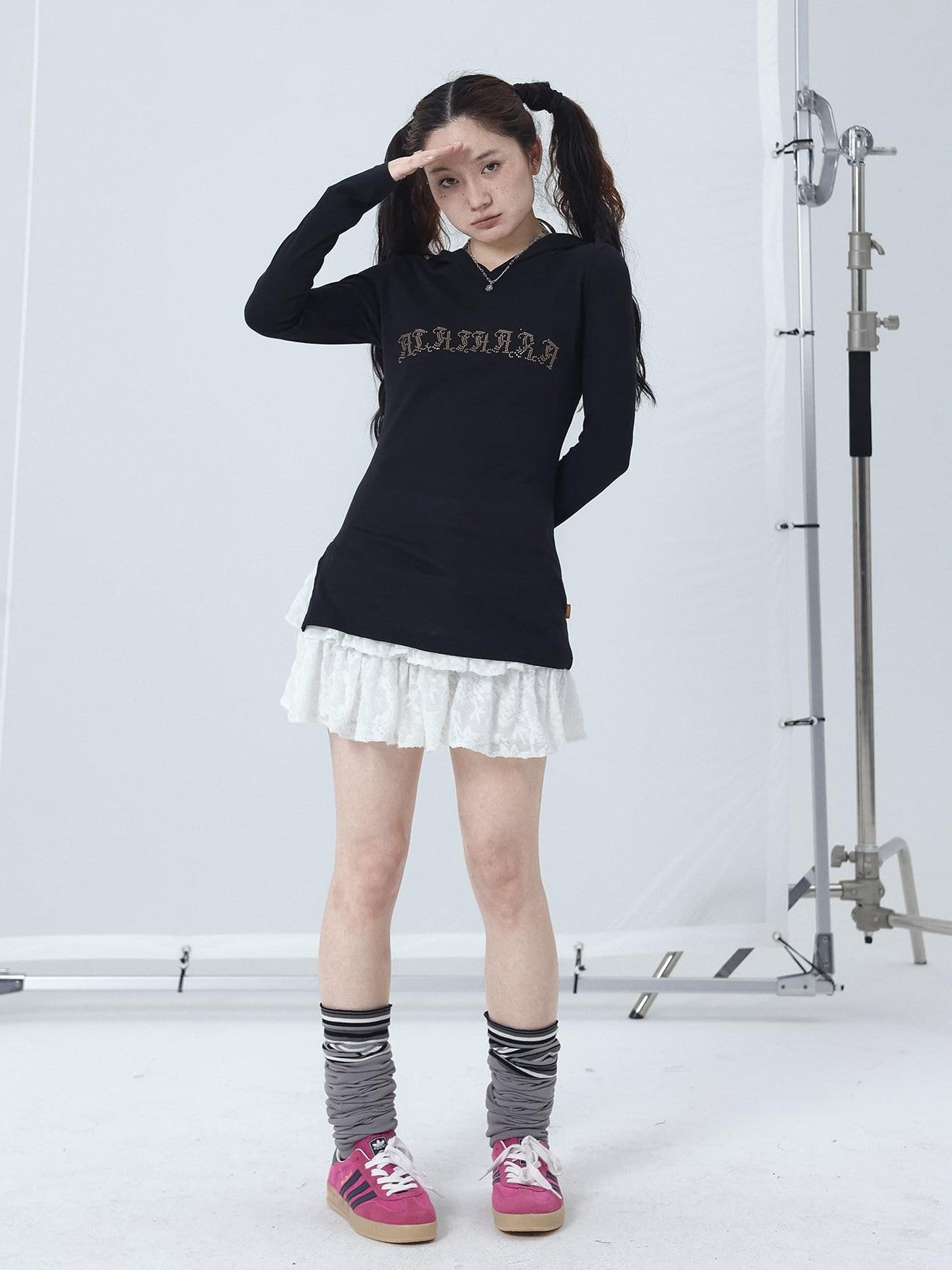 Achihara Studded Rhinestone Hooded Side Slit Women'S Slim Lightweight Long Sleeve T-Shirts