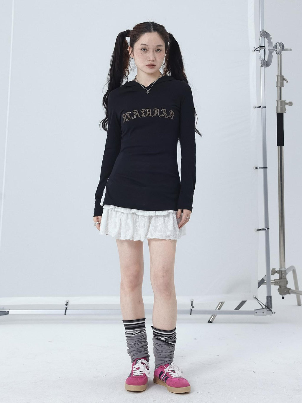 Achihara Studded Rhinestone Hooded Side Slit Women'S Slim Lightweight Long Sleeve T-Shirts