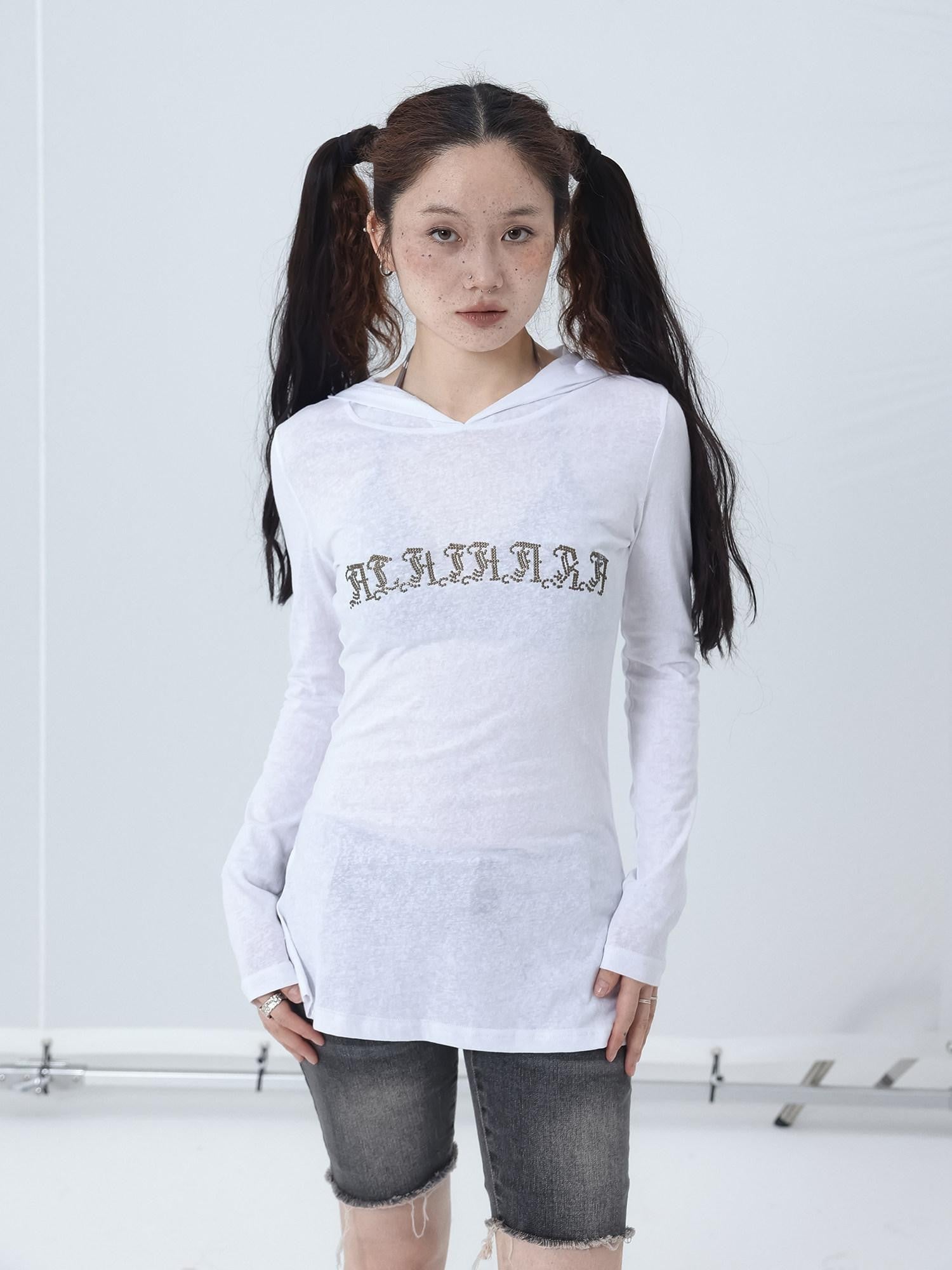 Achihara Studded Rhinestone Hooded Side Slit Women'S Slim Lightweight Long Sleeve T-Shirts