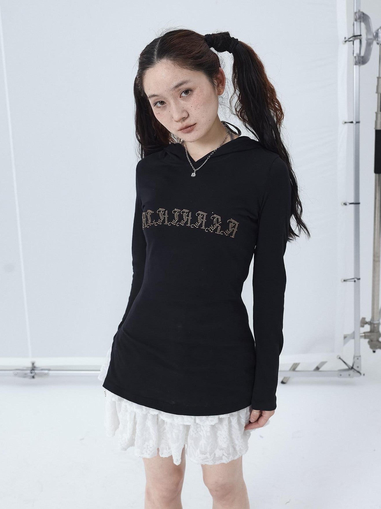 Achihara Studded Rhinestone Hooded Side Slit Women'S Slim Lightweight Long Sleeve T-Shirts