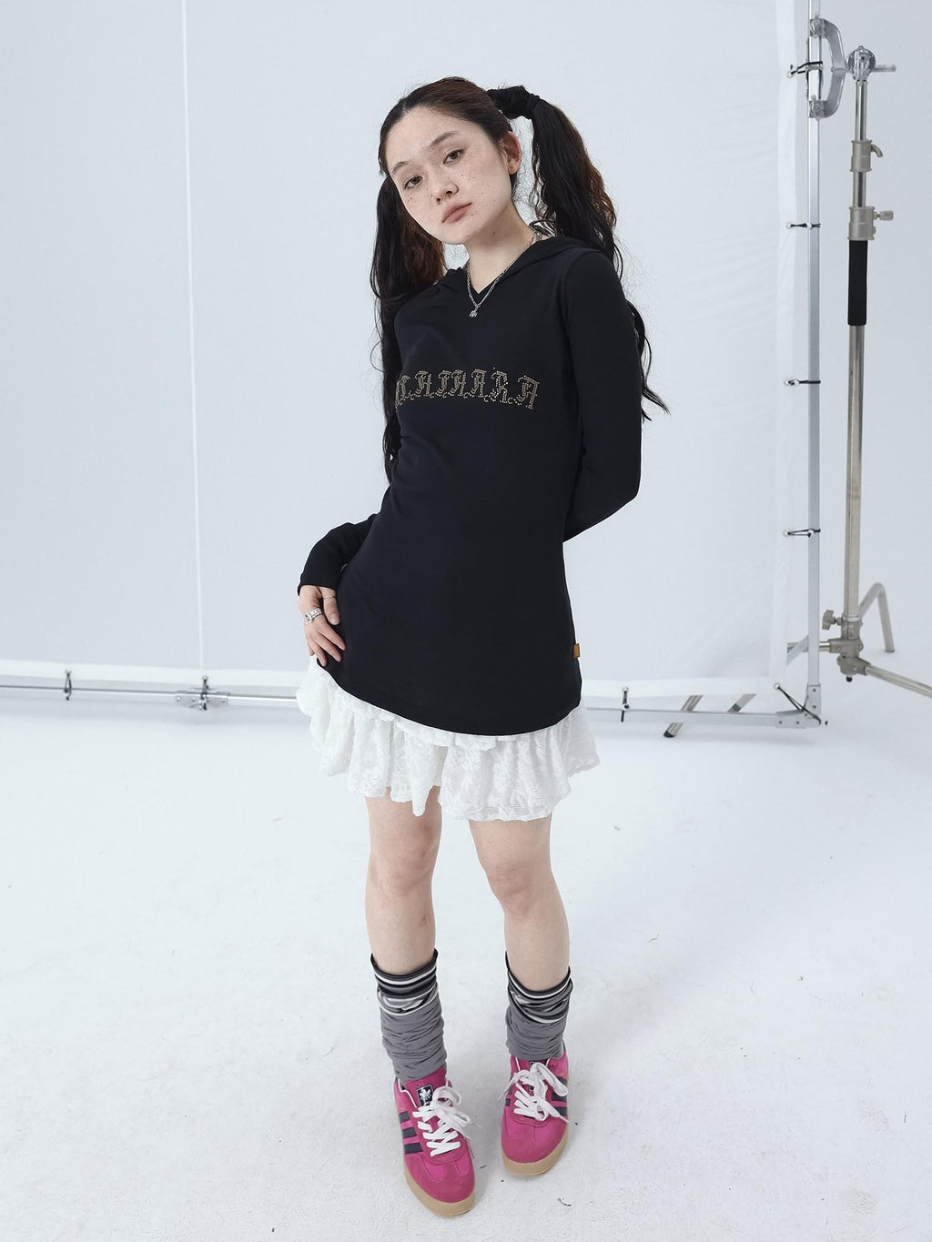 Achihara Studded Rhinestone Hooded Side Slit Women'S Slim Lightweight Long Sleeve T-Shirts