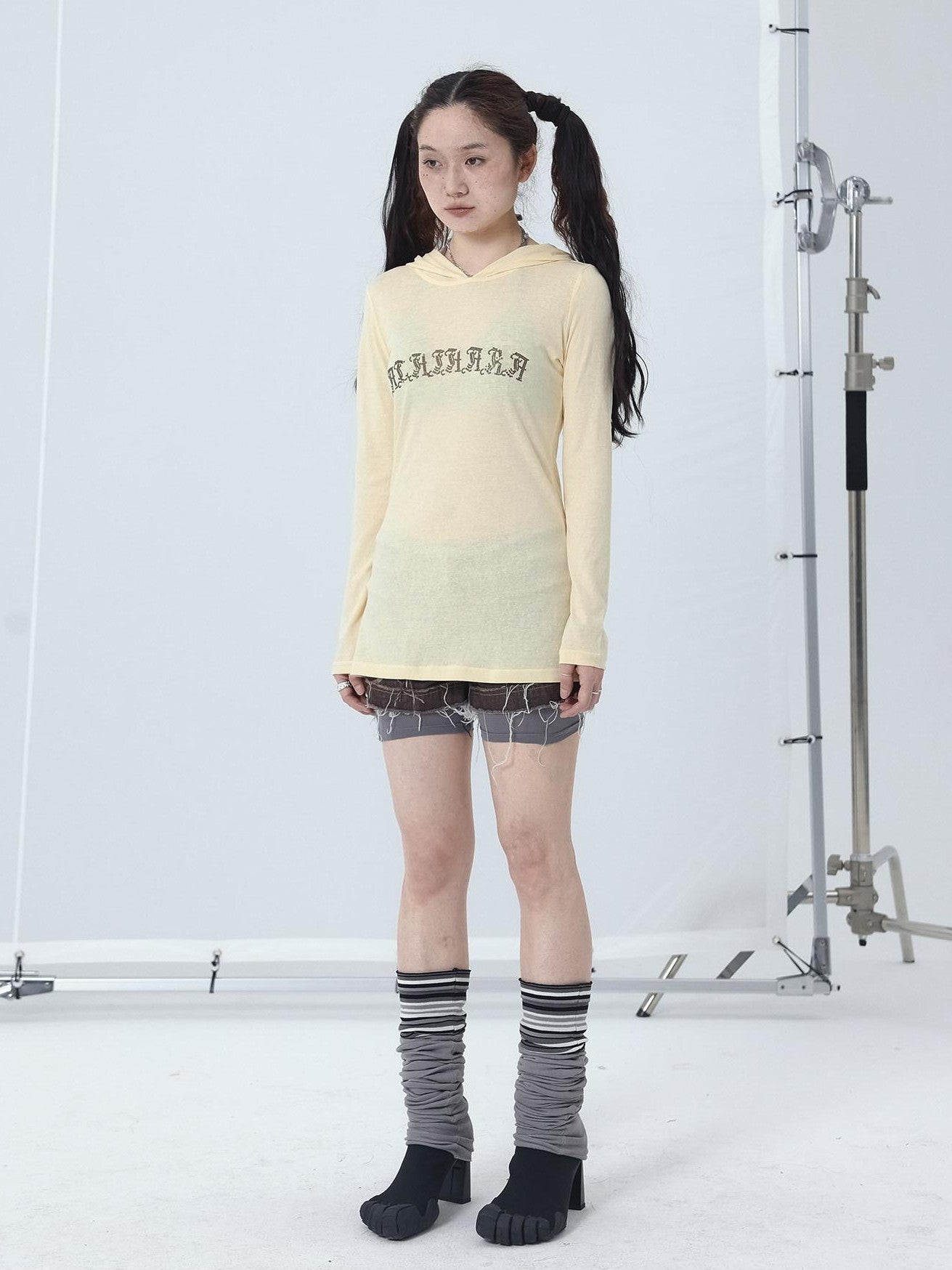 Achihara Studded Rhinestone Hooded Side Slit Women'S Slim Lightweight Long Sleeve T-Shirts