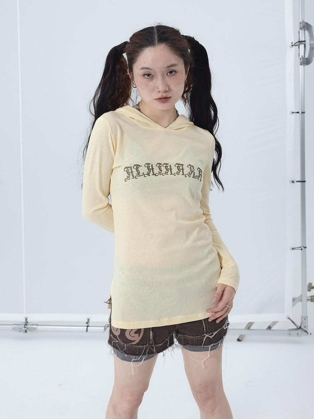 Achihara Studded Rhinestone Hooded Side Slit Women'S Slim Lightweight Long Sleeve T-Shirts