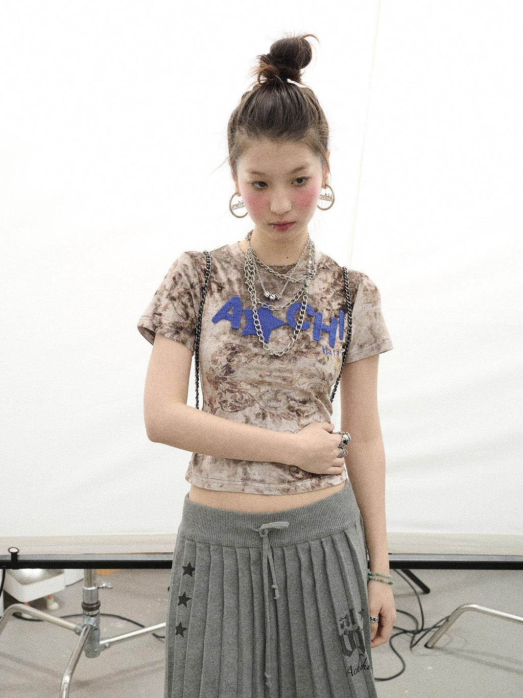 Achihara Suede Finish Tie Dye Print Knit Women'S Polyester Short Sleeve T-Shirts