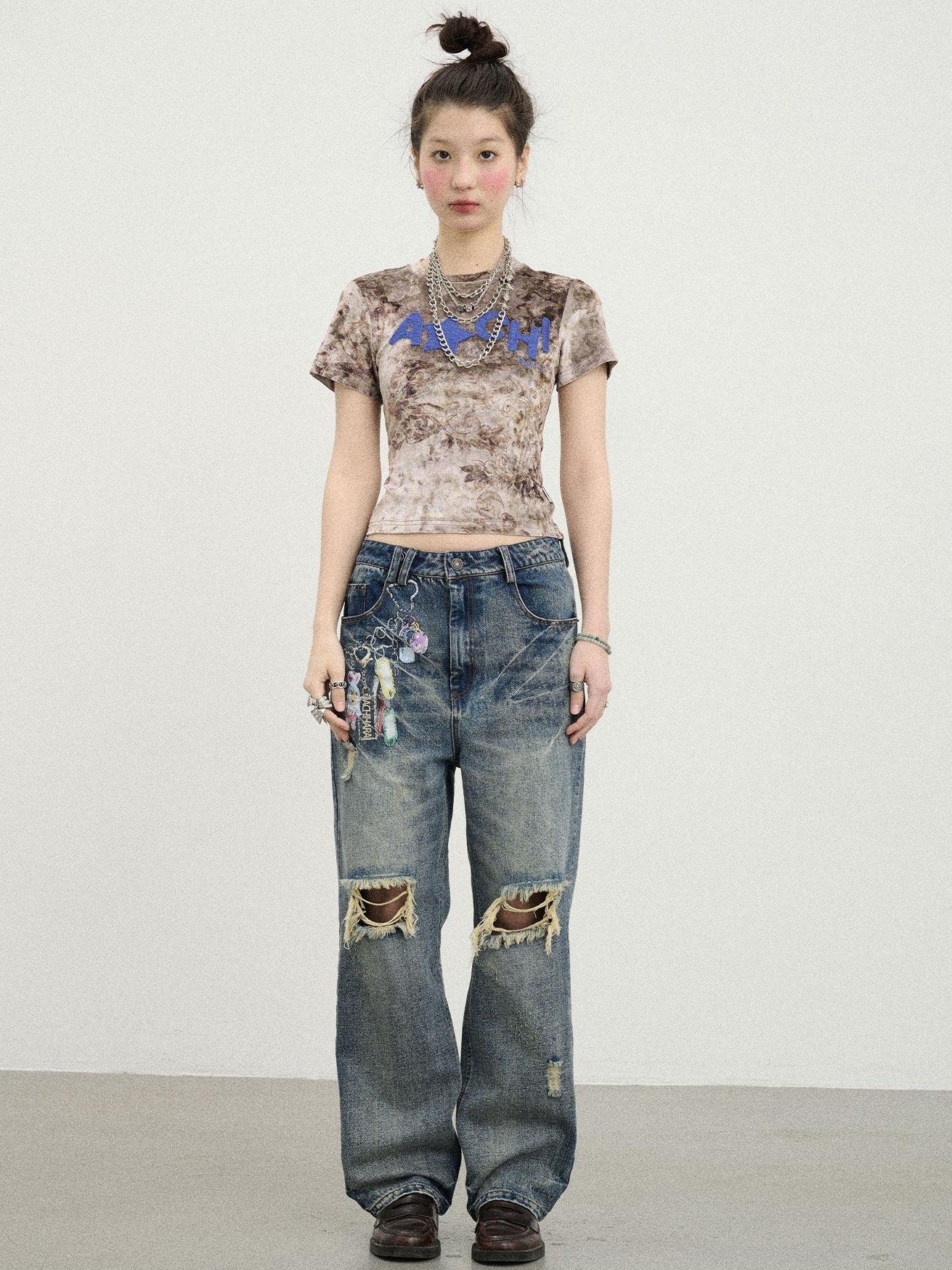 Achihara Suede Finish Tie Dye Print Knit Women'S Polyester Short Sleeve T-Shirts