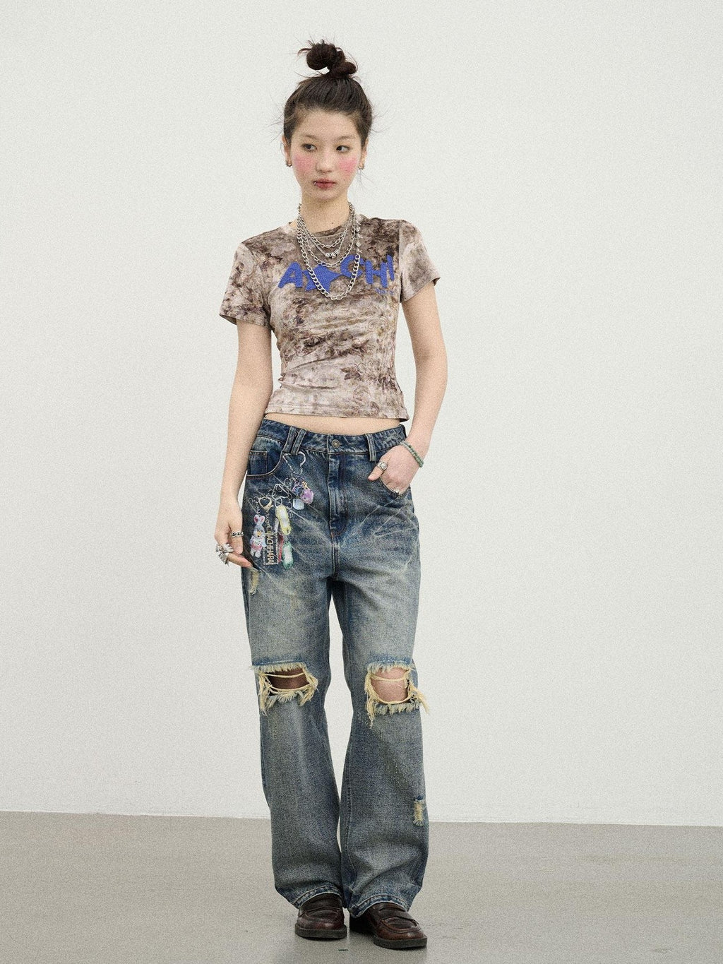 Achihara Suede Finish Tie Dye Print Knit Women'S Polyester Short Sleeve T-Shirts