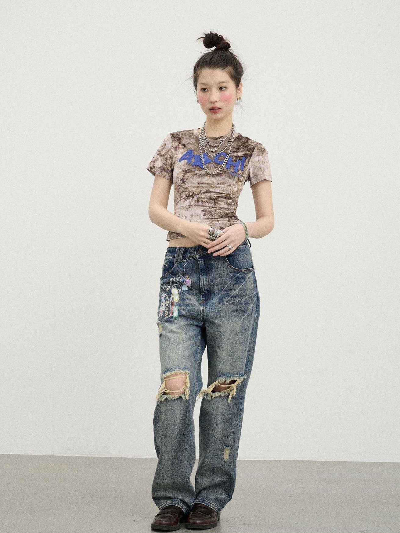 Achihara Suede Finish Tie Dye Print Knit Women'S Polyester Short Sleeve T-Shirts