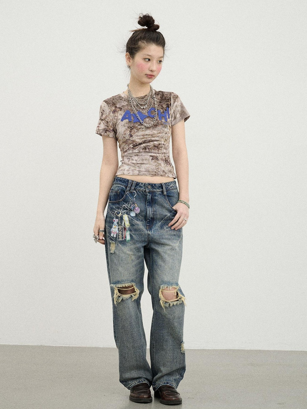 Achihara Suede Finish Tie Dye Print Knit Women'S Polyester Short Sleeve T-Shirts
