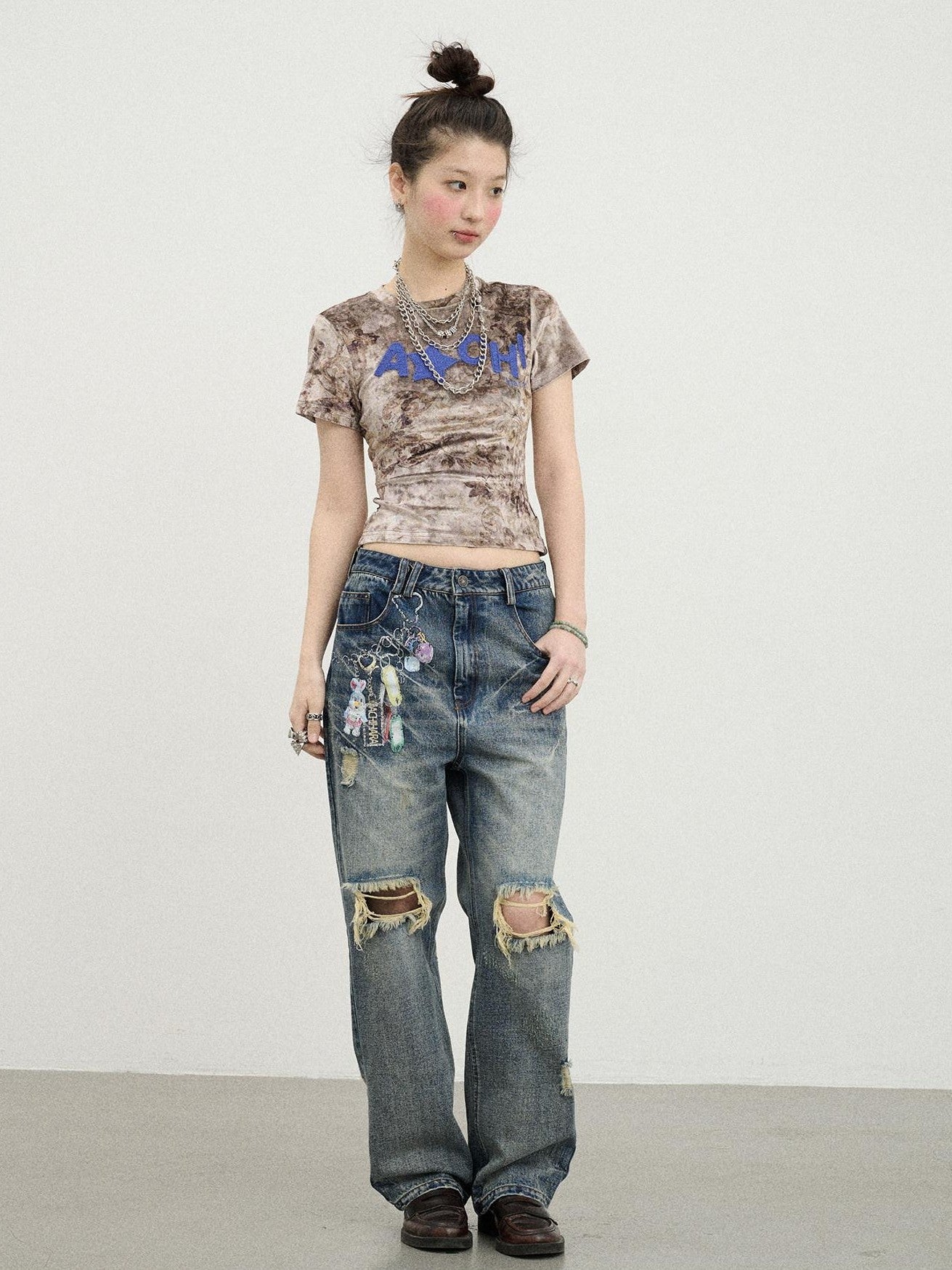 Achihara Suede Finish Tie Dye Print Knit Women'S Polyester Short Sleeve T-Shirts