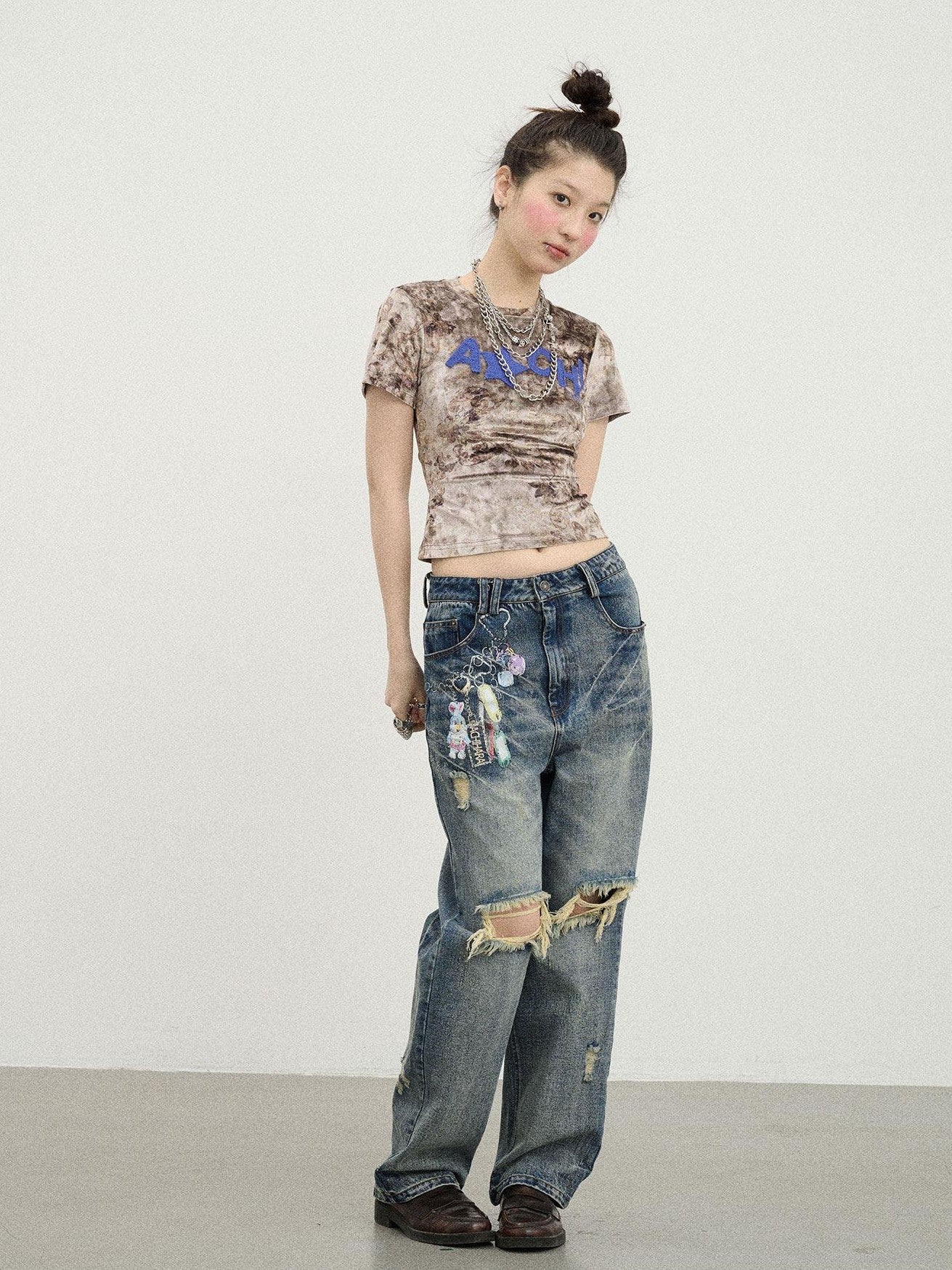 Achihara Suede Finish Tie Dye Print Knit Women'S Polyester Short Sleeve T-Shirts
