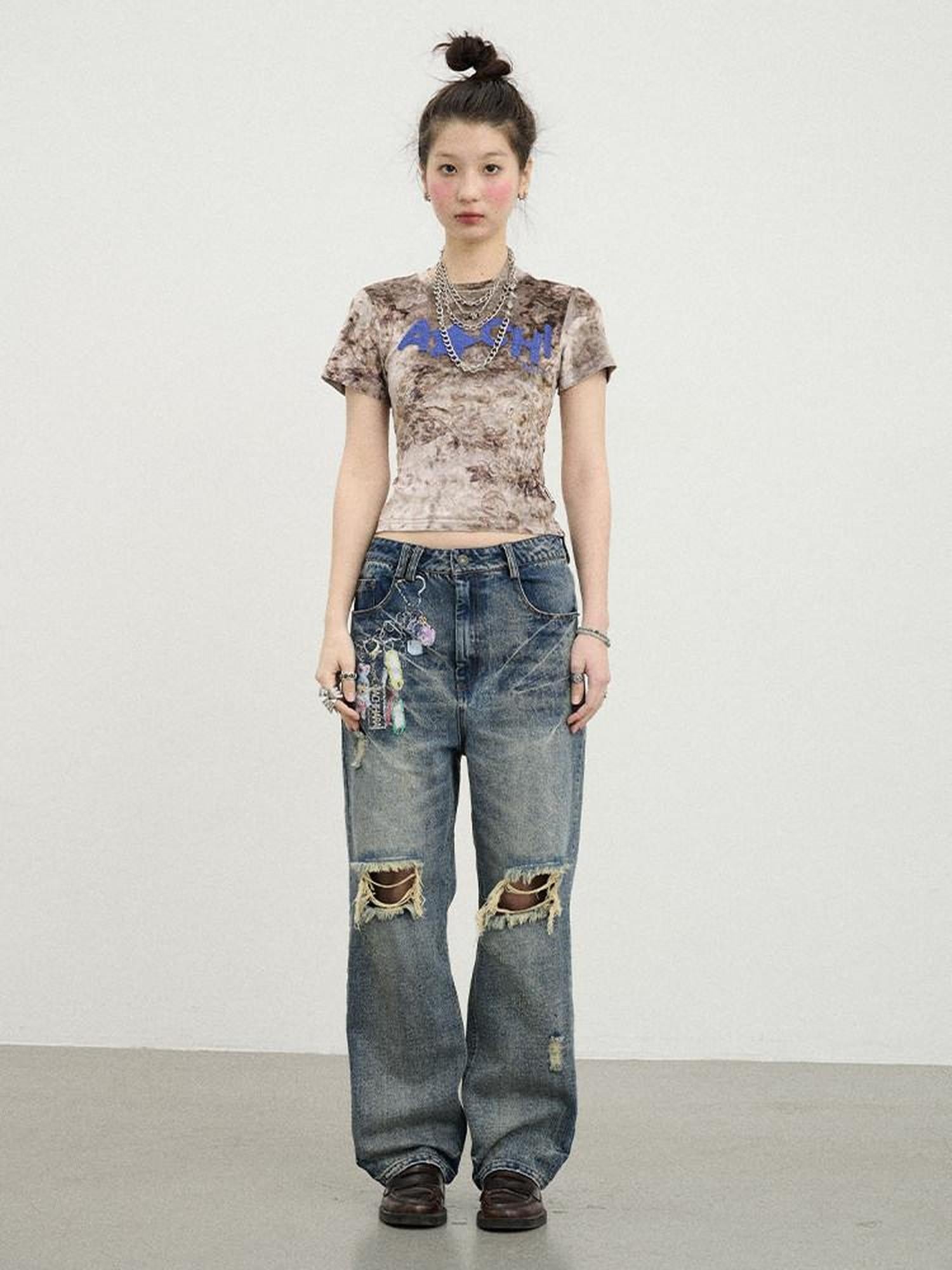Achihara Suede Finish Tie Dye Print Knit Women'S Polyester Short Sleeve T-Shirts