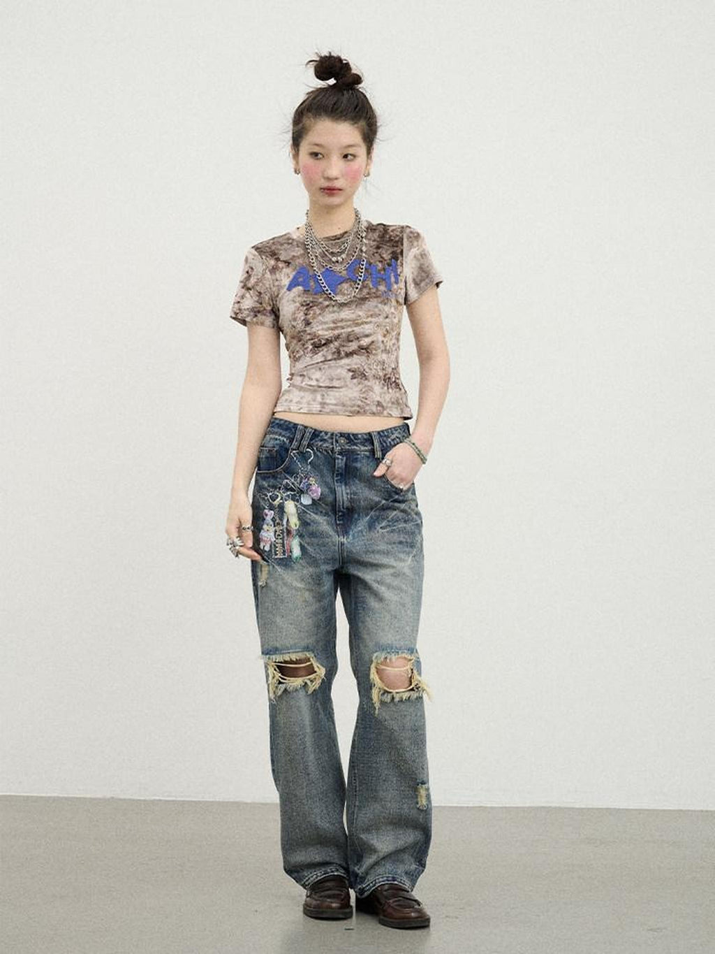 Achihara Suede Finish Tie Dye Print Knit Women'S Polyester Short Sleeve T-Shirts