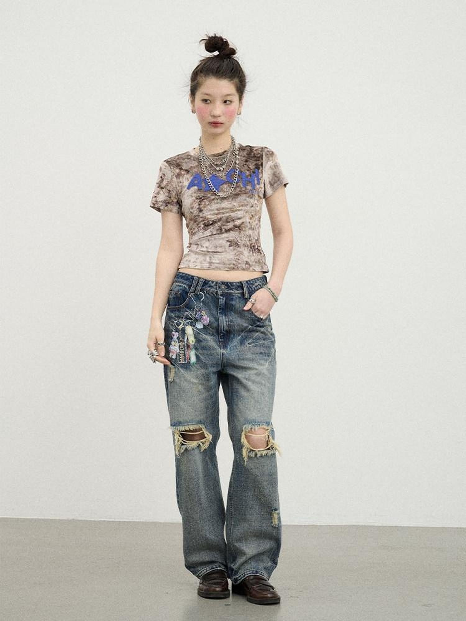Achihara Suede Finish Tie Dye Print Knit Women'S Polyester Short Sleeve T-Shirts