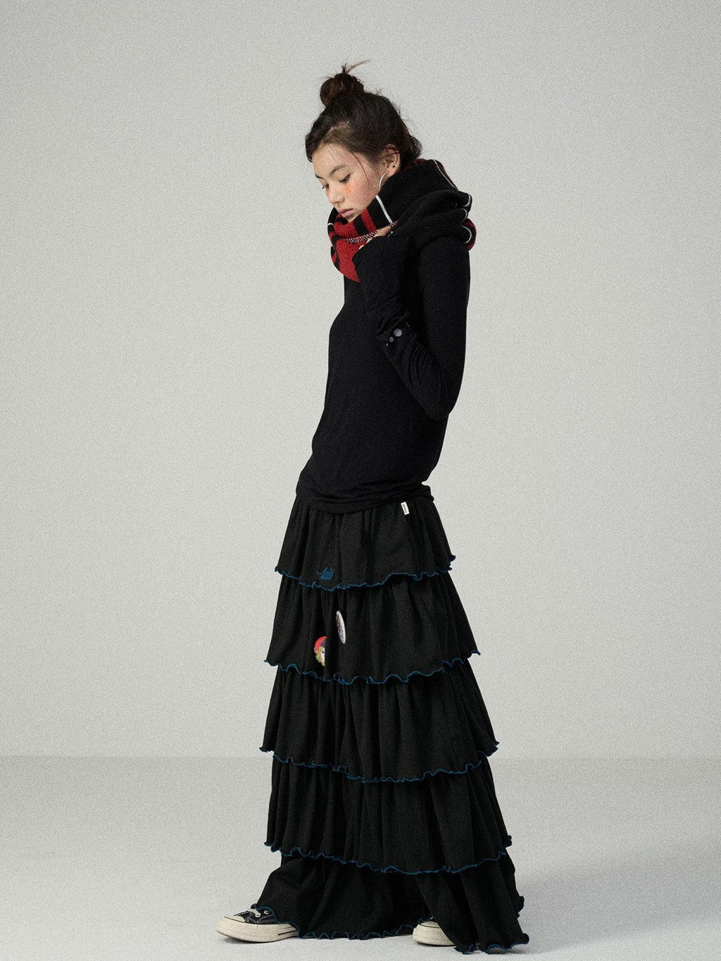 Achihara Tiered Cake Midi Ruffled Women'S Polyester Cotton Pleated Skirts