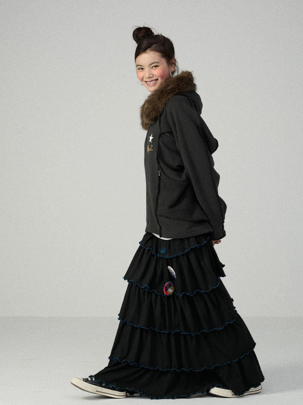 Achihara Tiered Cake Midi Ruffled Women'S Polyester Cotton Pleated Skirts