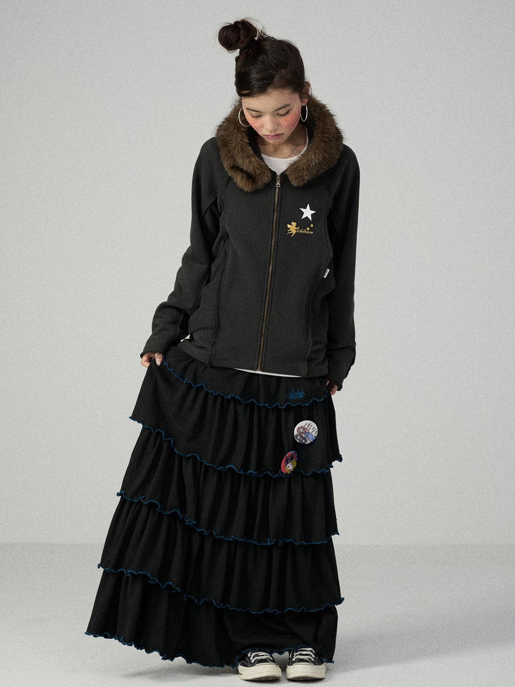 Achihara Tiered Cake Midi Ruffled Women'S Polyester Cotton Pleated Skirts