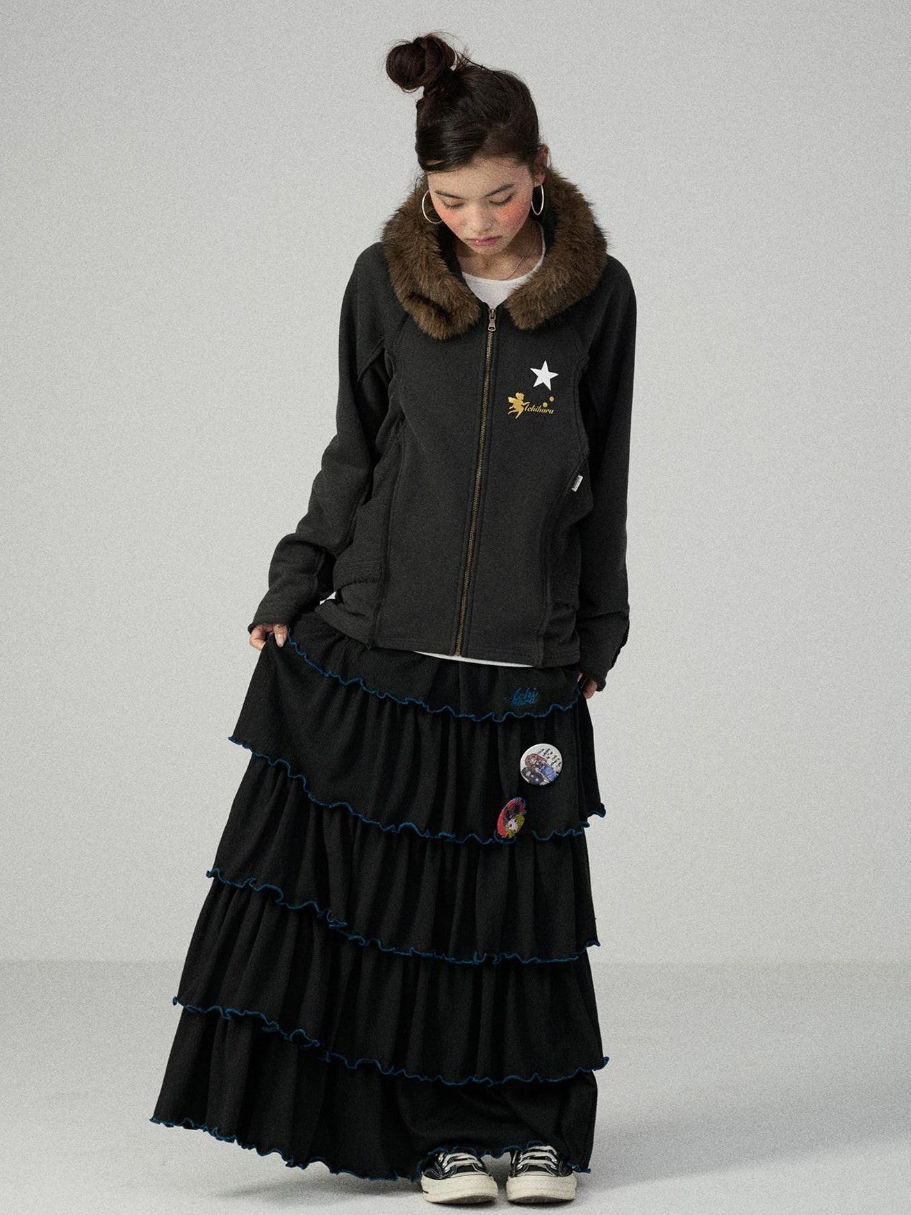 Achihara Tiered Cake Midi Ruffled Women'S Polyester Cotton Pleated Skirts