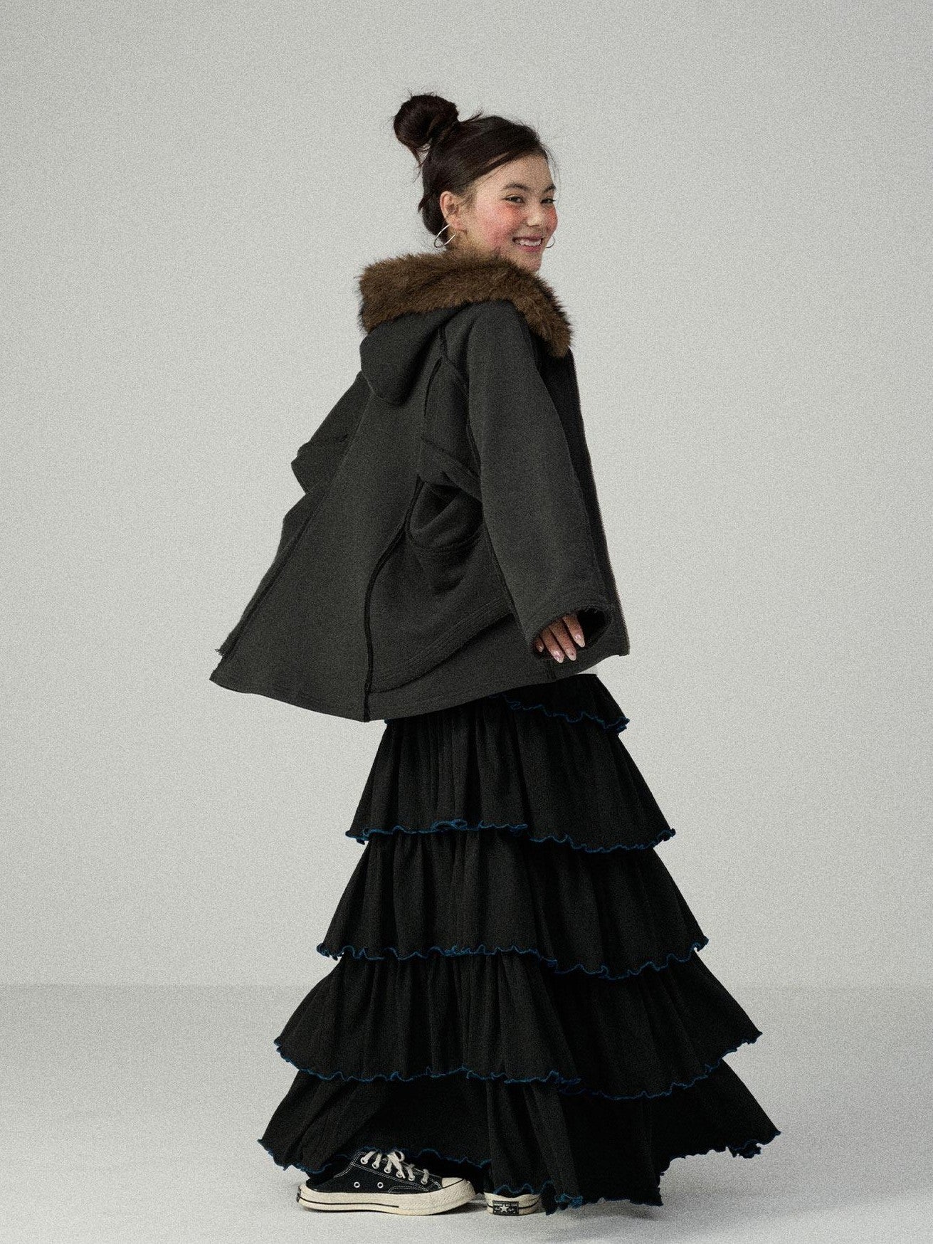 Achihara Tiered Cake Midi Ruffled Women'S Polyester Cotton Pleated Skirts