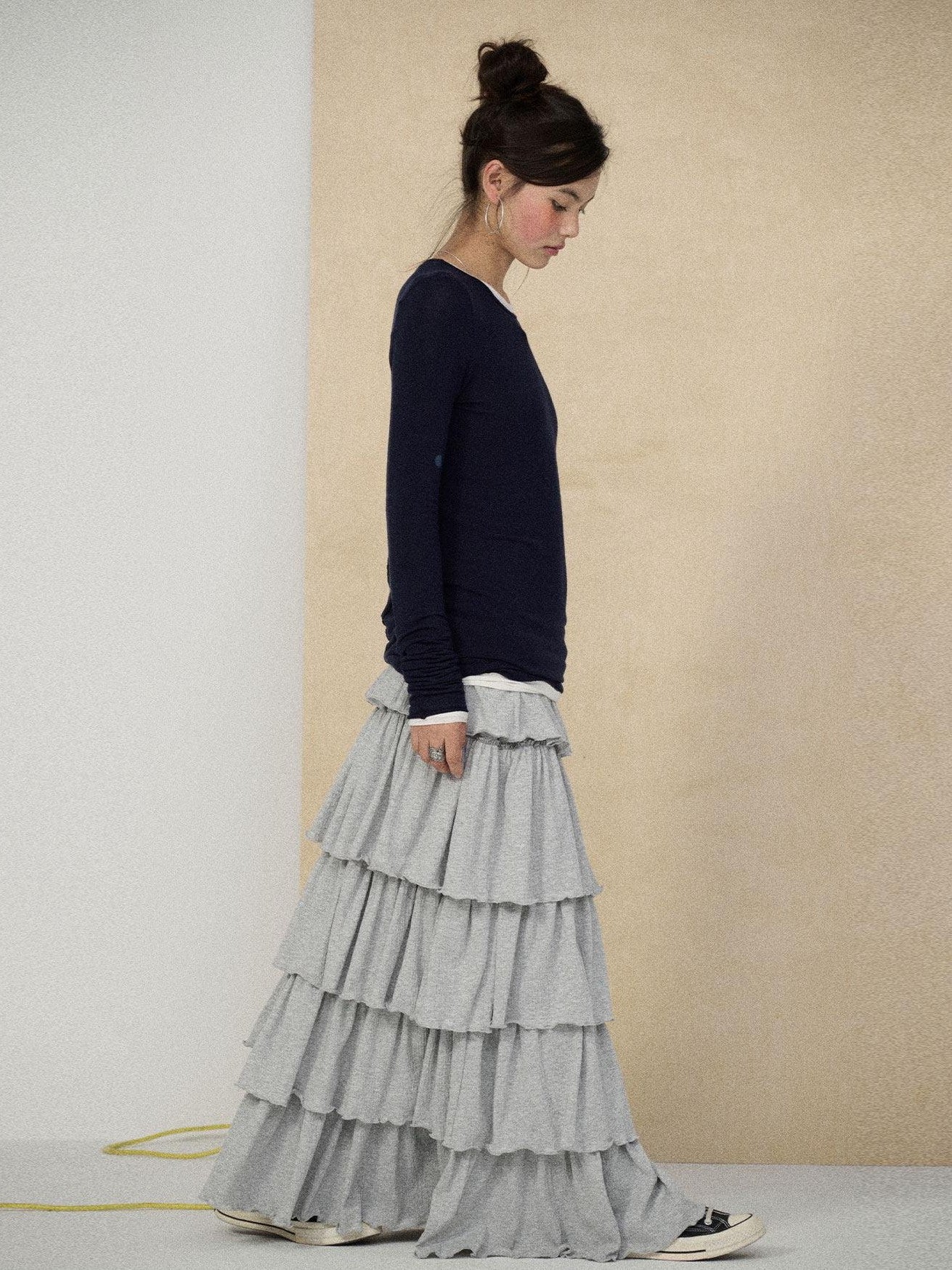 Achihara Tiered Cake Midi Ruffled Women'S Polyester Cotton Pleated Skirts