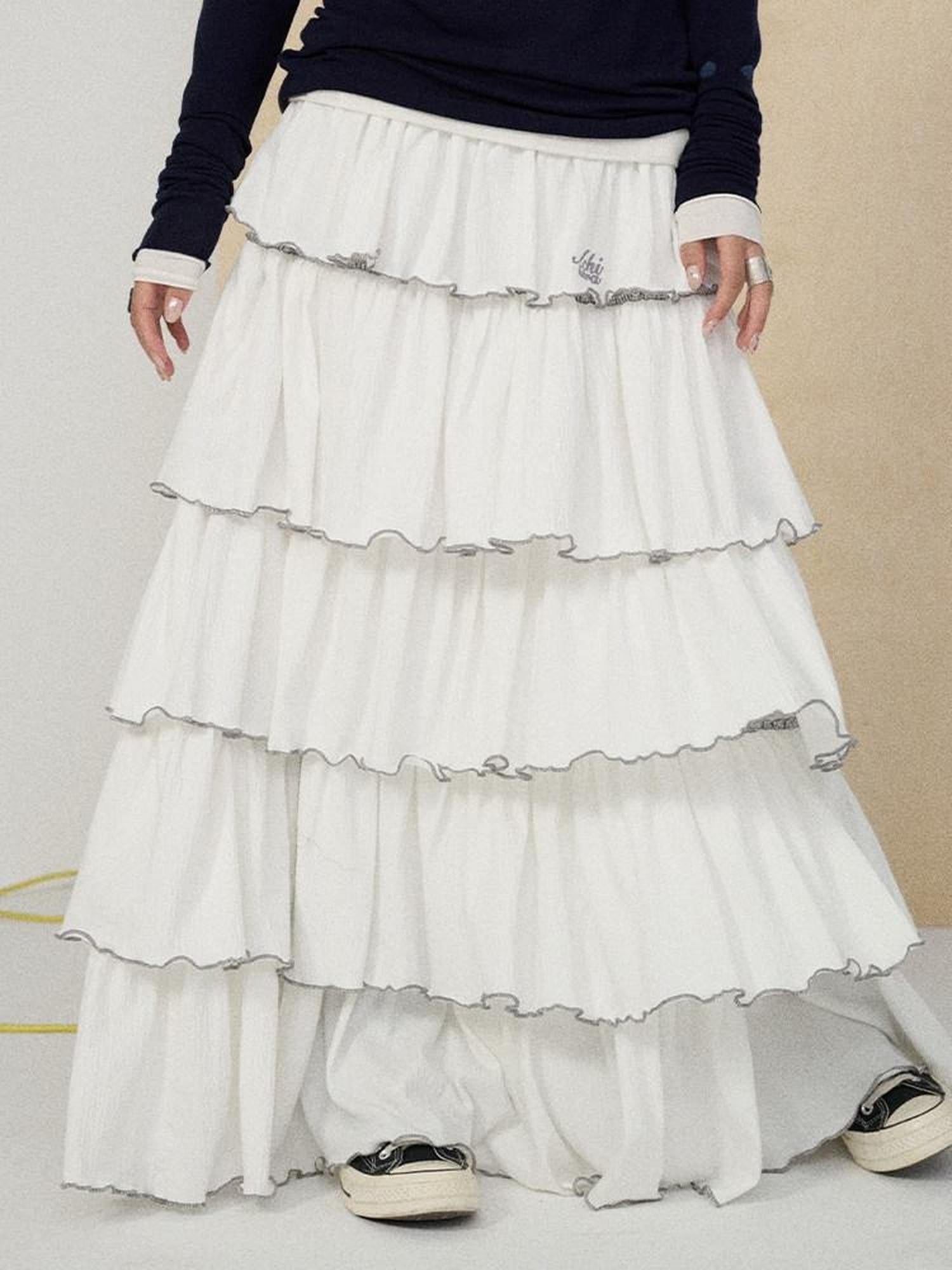 Achihara Tiered Cake Midi Ruffled Women'S Polyester Cotton Pleated Skirts