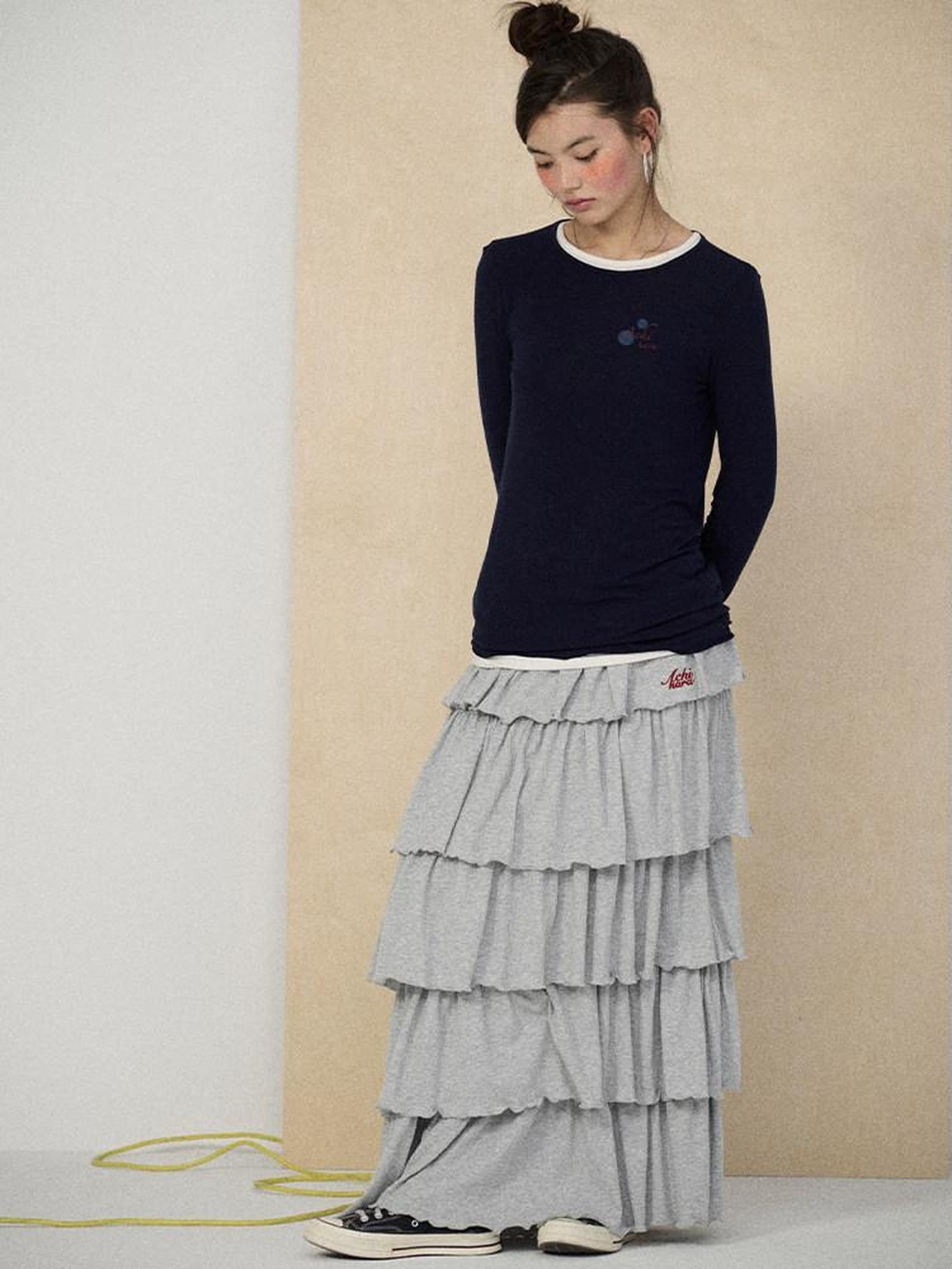 Achihara Tiered Cake Midi Ruffled Women'S Polyester Cotton Pleated Skirts