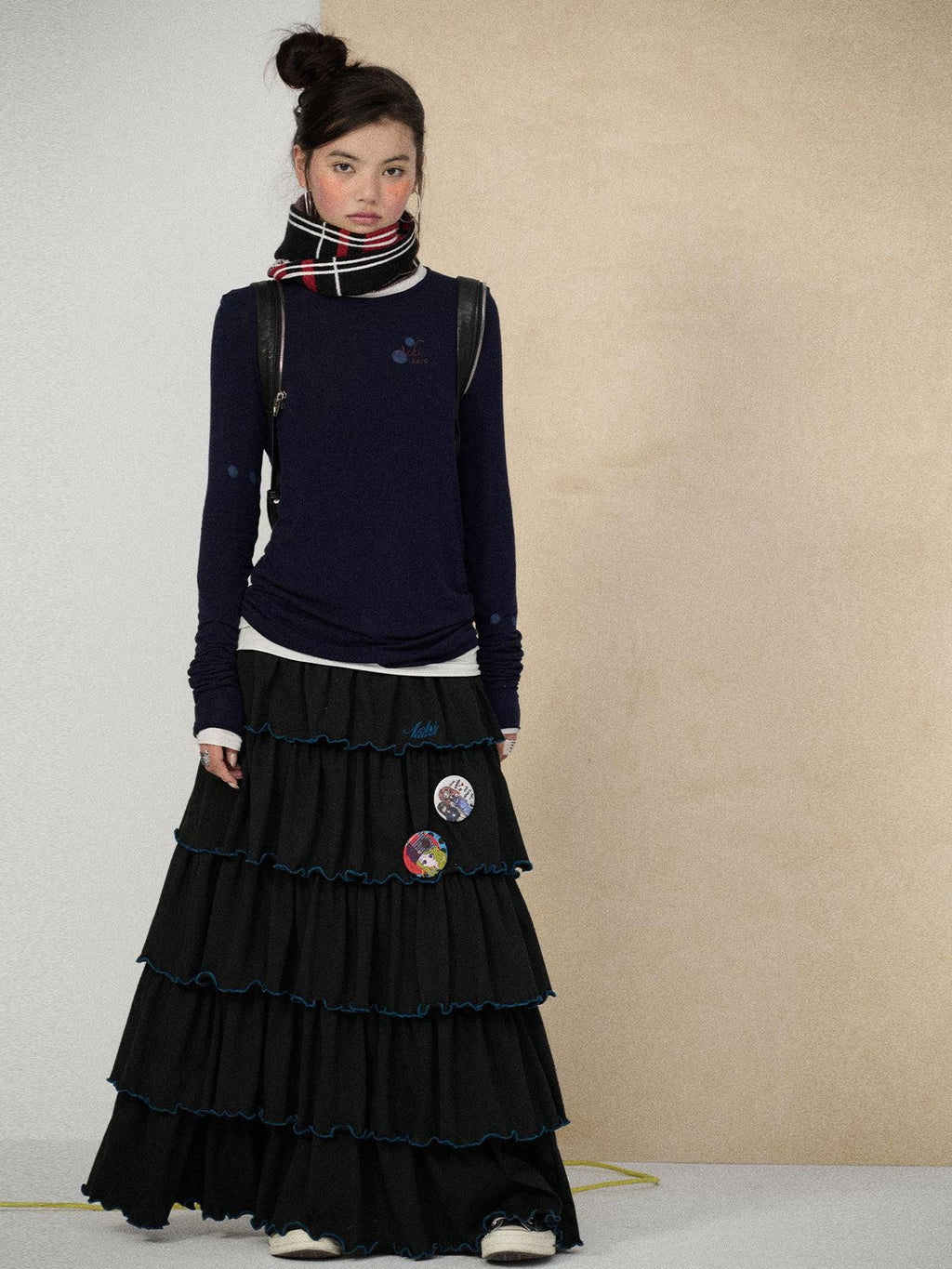 Achihara Tiered Cake Midi Ruffled Women'S Polyester Cotton Pleated Skirts