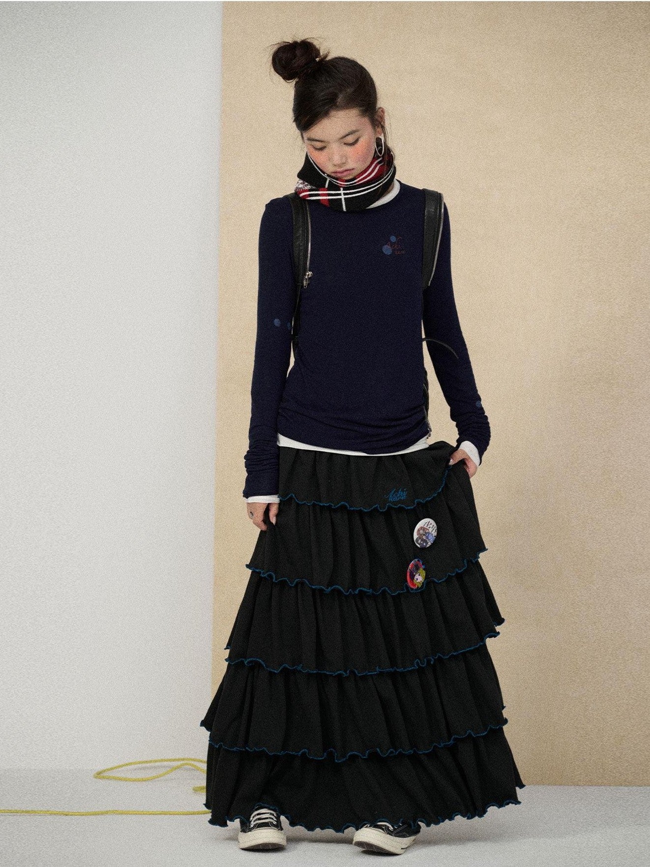 Achihara Tiered Cake Midi Ruffled Women'S Polyester Cotton Pleated Skirts