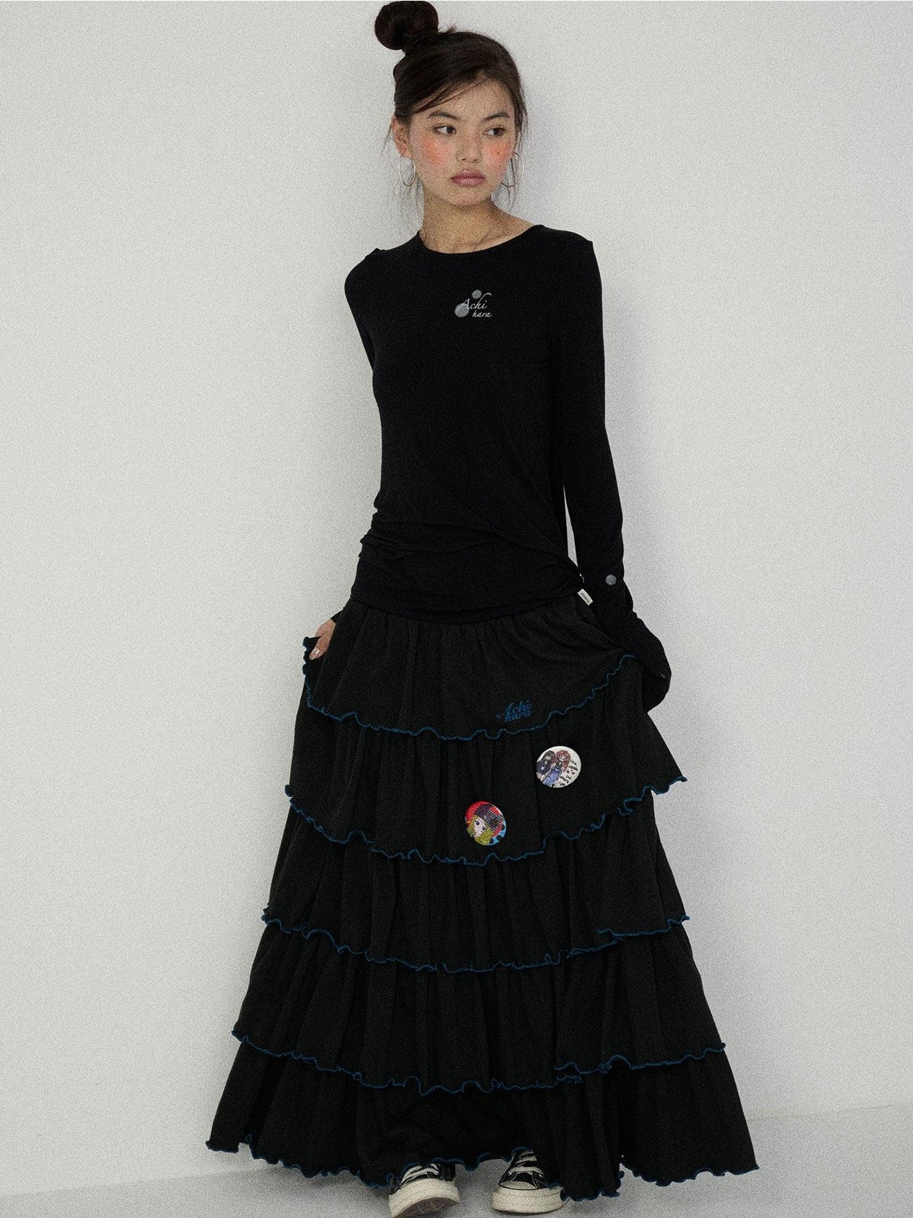 Achihara Tiered Cake Midi Ruffled Women'S Polyester Cotton Pleated Skirts