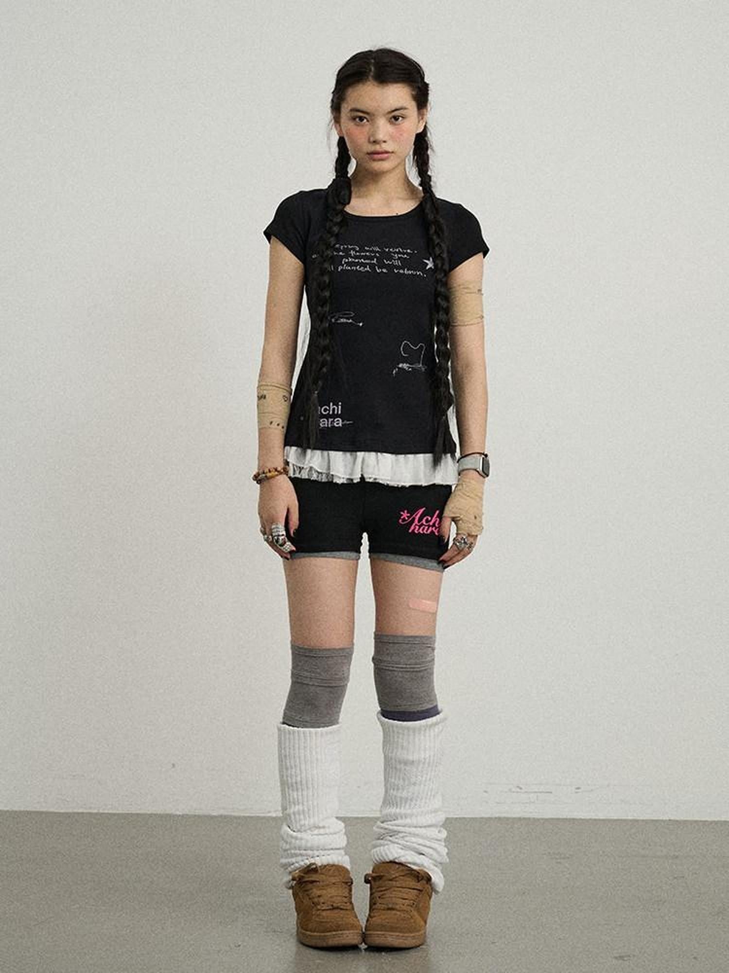 Achihara Time Bandage Lace Print Slim Fit Women'S Cotton Spandex Short Sleeve T-Shirts