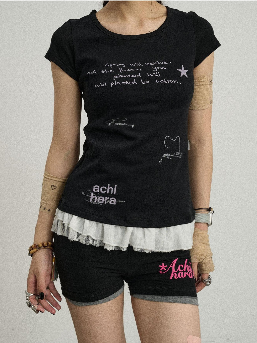 Achihara Time Bandage Lace Print Slim Fit Women'S Cotton Spandex Short Sleeve T-Shirts