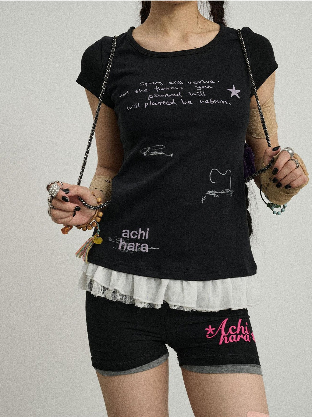Achihara Time Bandage Lace Print Slim Fit Women'S Cotton Spandex Short Sleeve T-Shirts