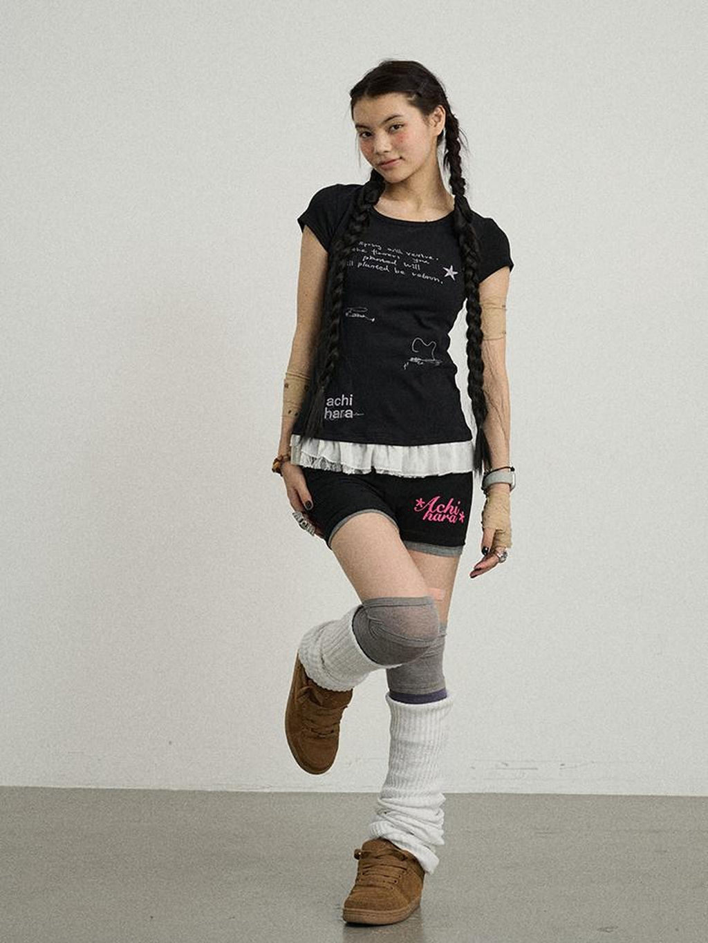 Achihara Time Bandage Lace Print Slim Fit Women'S Cotton Spandex Short Sleeve T-Shirts