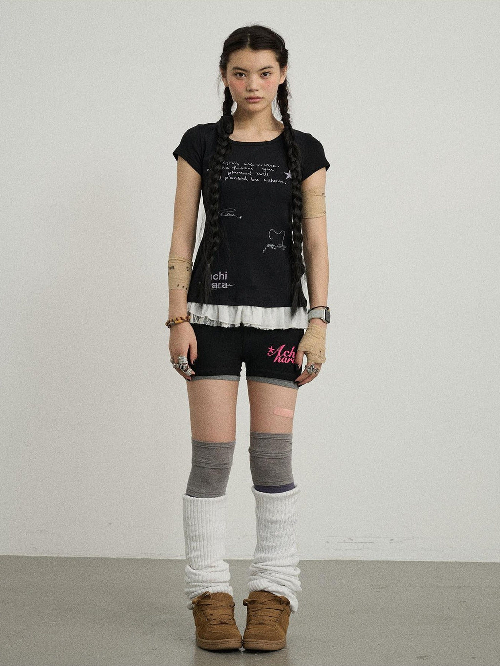 Achihara Time Bandage Lace Print Slim Fit Women'S Cotton Spandex Short Sleeve T-Shirts